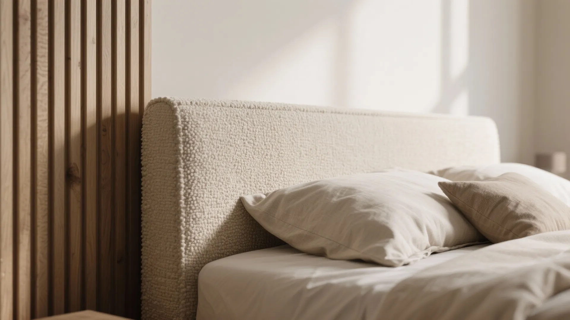 Light palette, big texture, and a low headboard