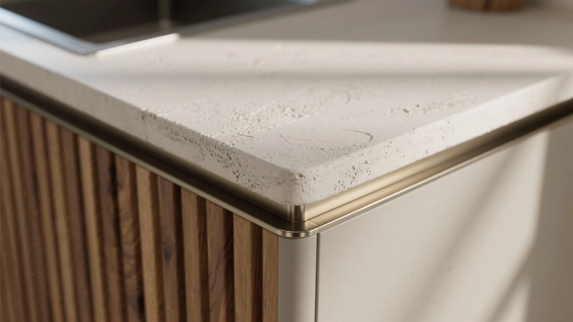 Textured finishes: microcement, fluted fronts, and warm wood accents