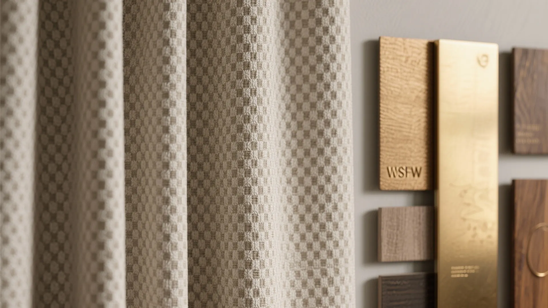 Close up of textured patterned curtain next to gold and wood material samples on wall