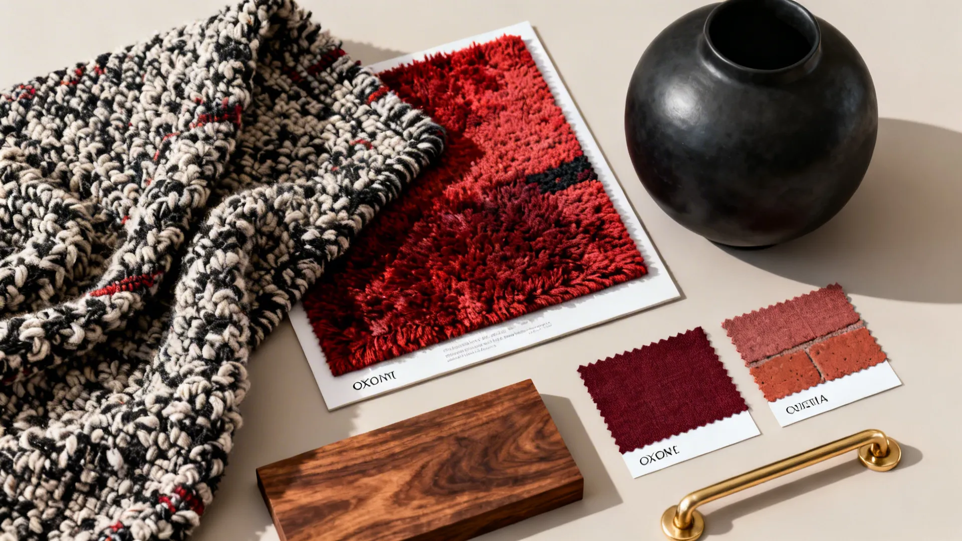 Interior design material samples with red carpet black vase wood block and gold cabinet handle
