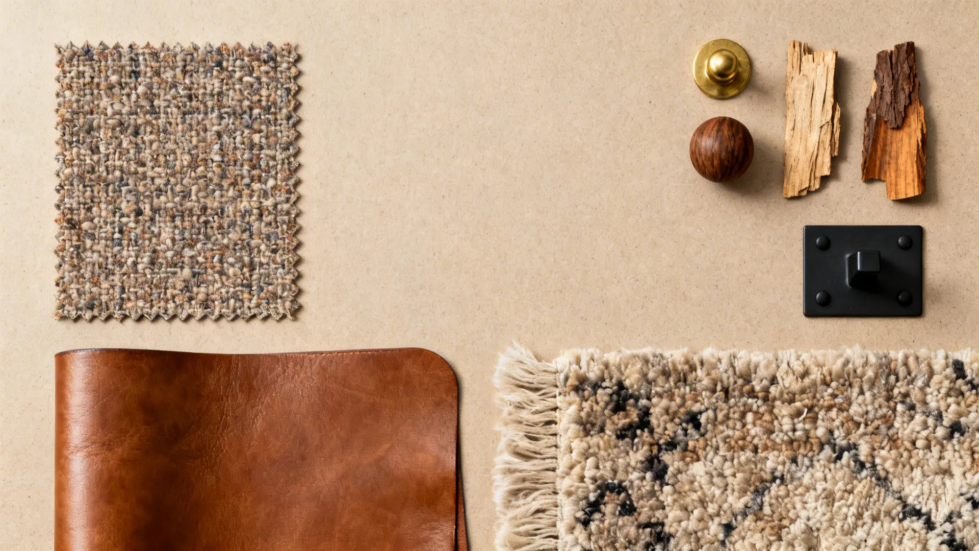 Flatlay of mid-century fabrics and materials including boucle, leather, wool, and wood samples.