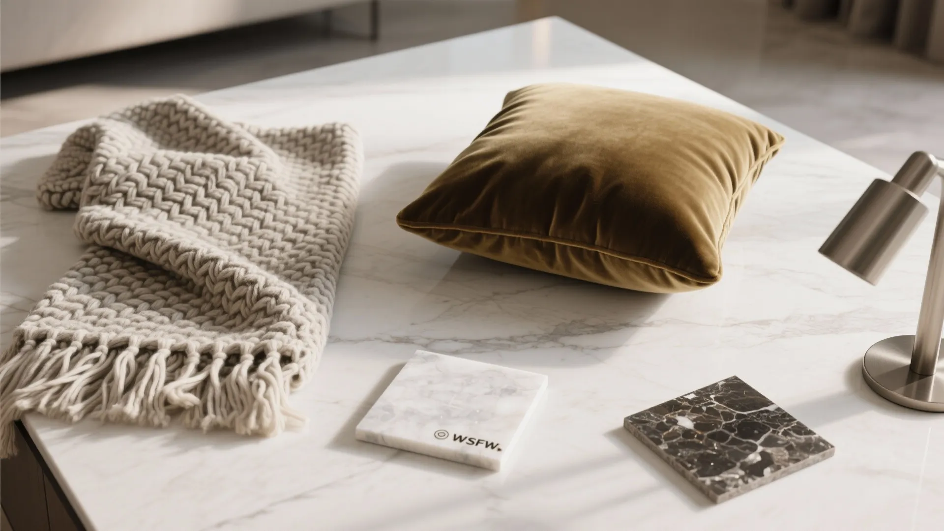 Collection of textures including velvet, woven fabric, quartz, and metal