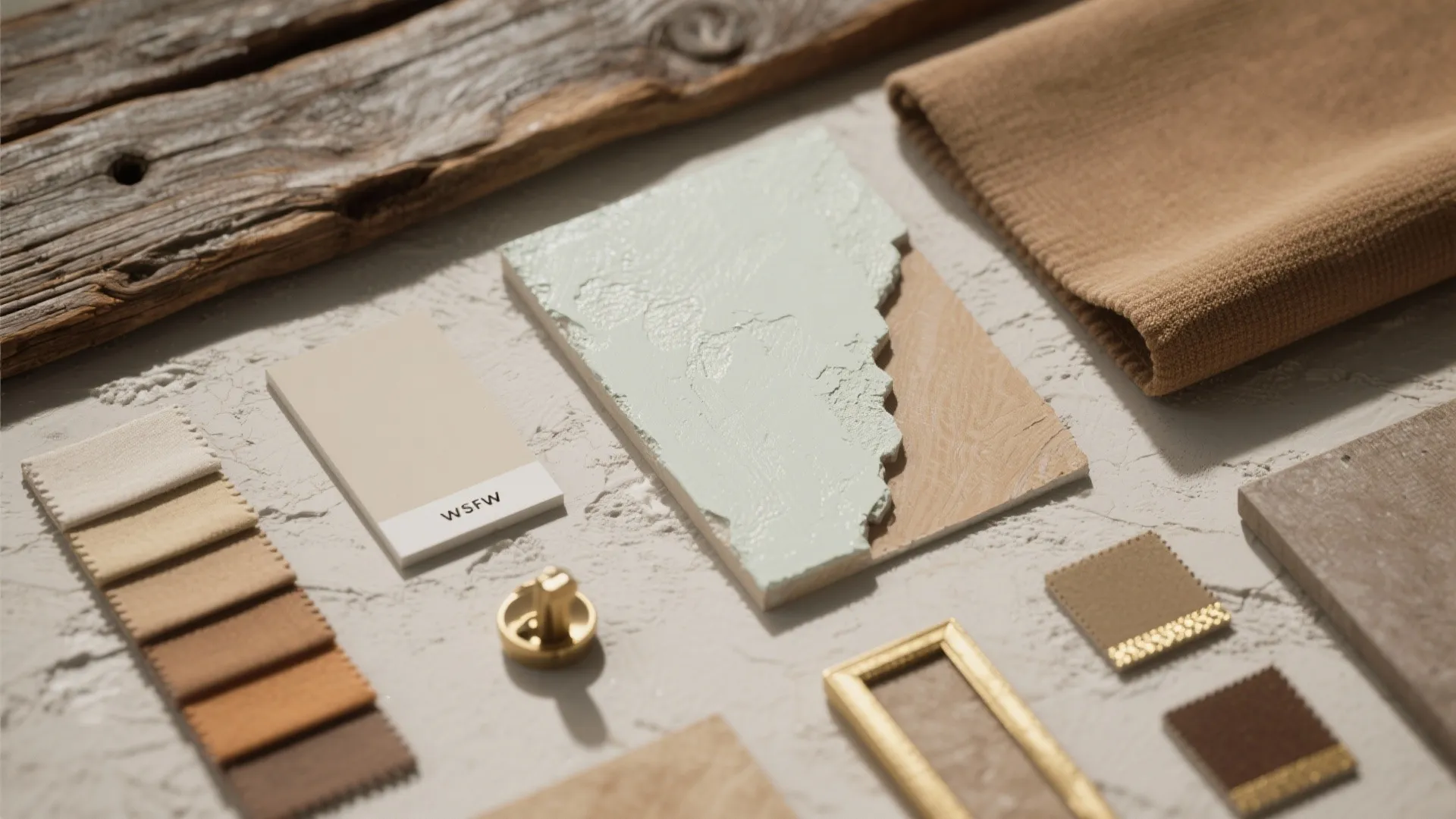 Interior design material board with fabric samples wood pieces paint colors and small metal hardware