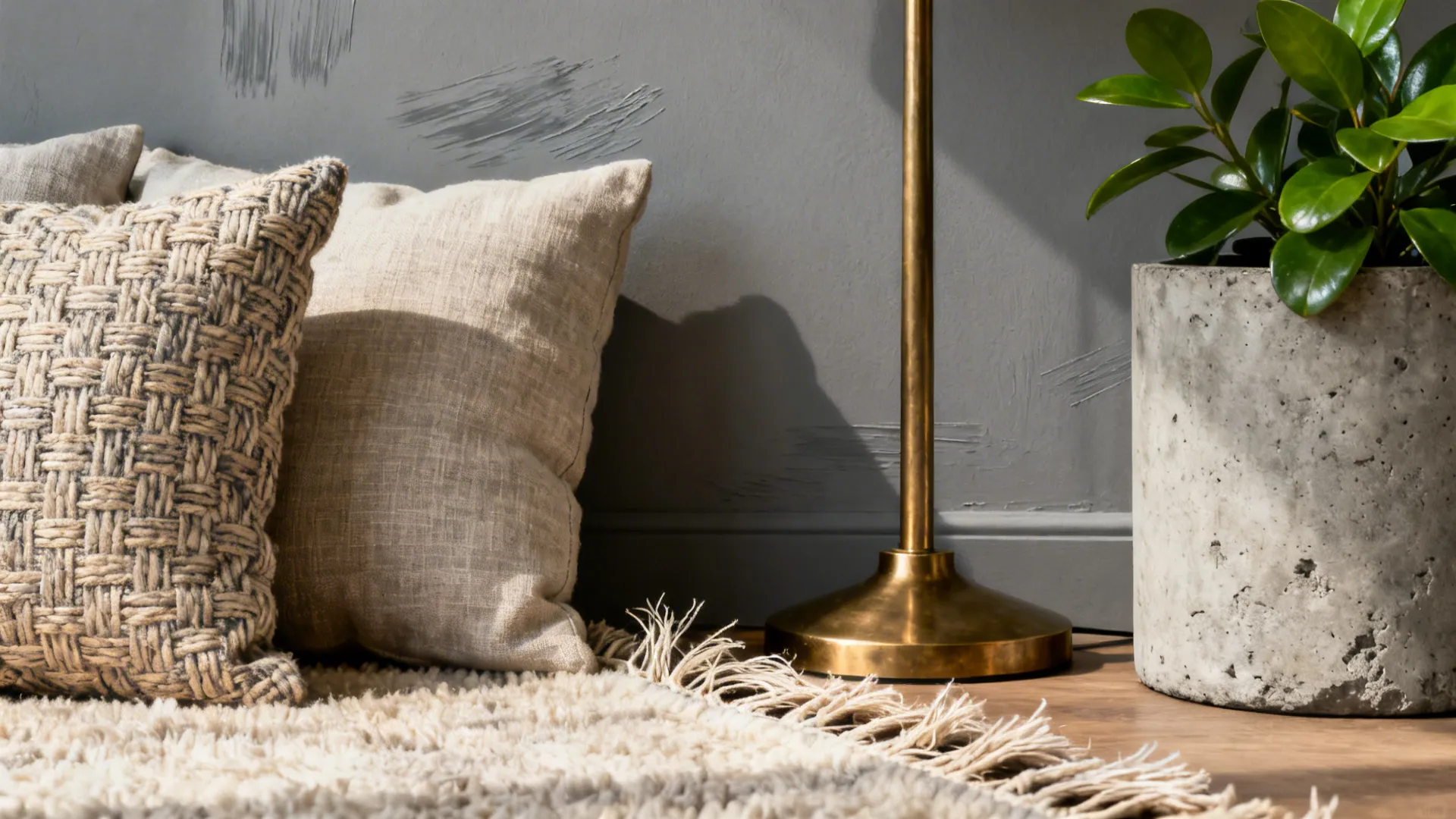 Close-up of wool rug, linen cushion, brushed brass lamp and concrete planter showing material contrast.