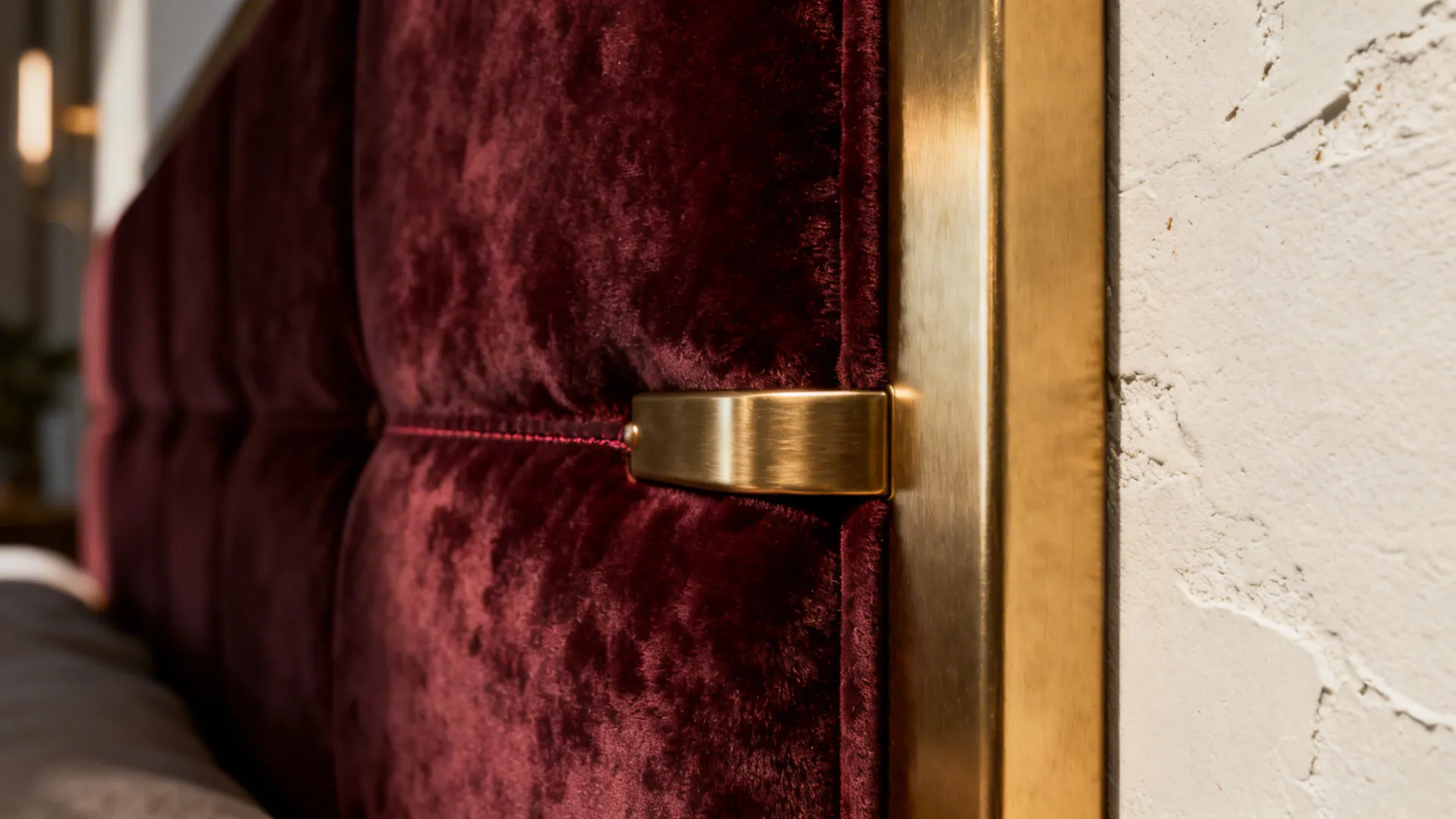 Close-up of velvet fabric next to matte plaster wall and brass hardware