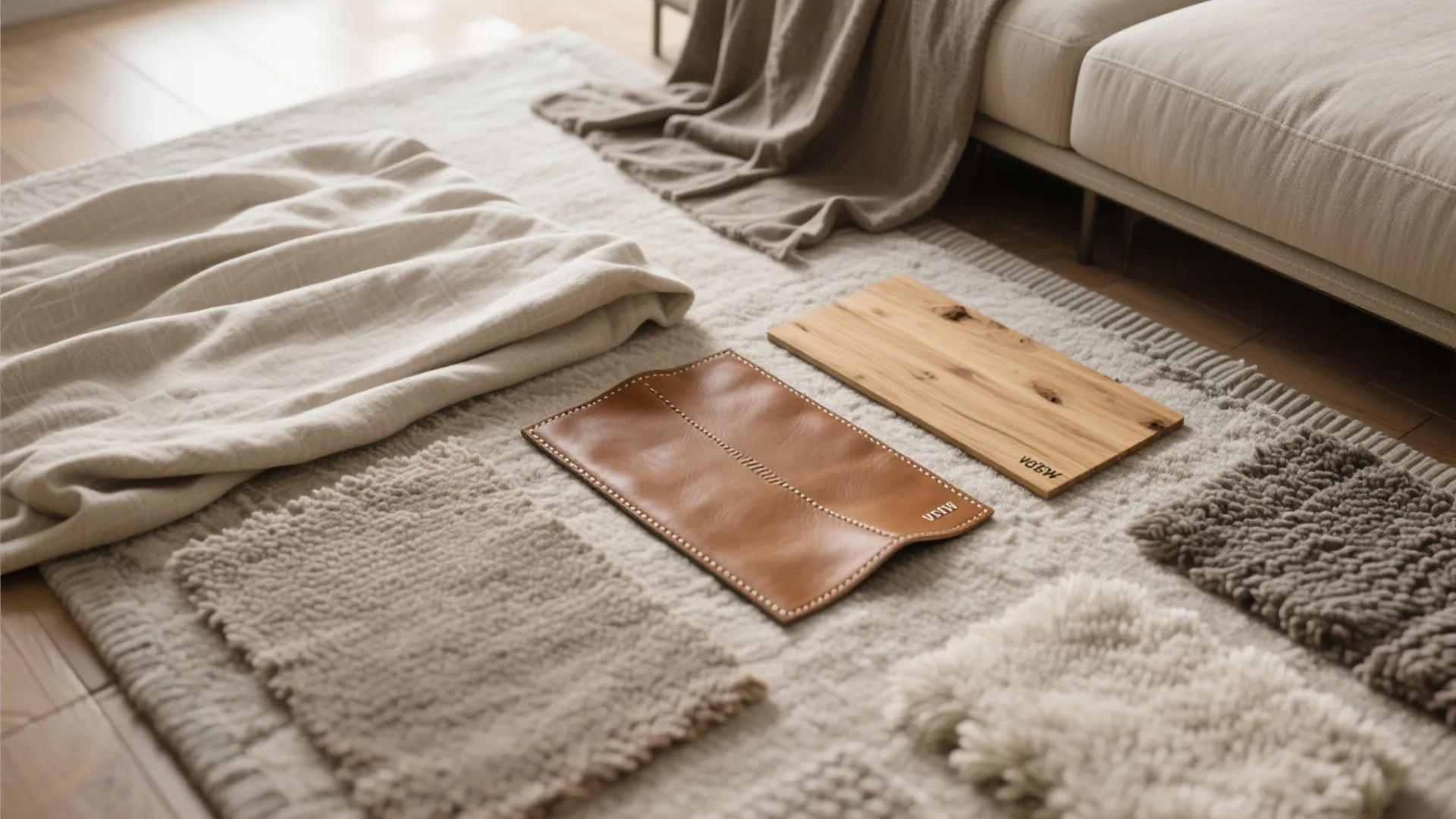Interior design material samples including wood leather and fabric lying on a soft textured rug
