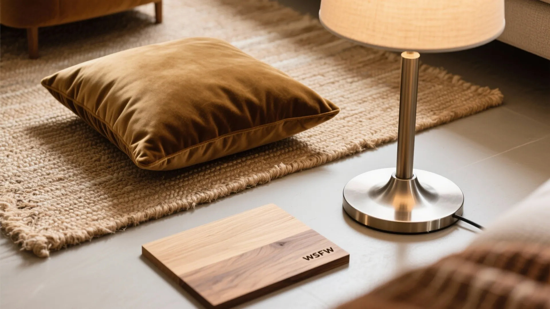 Close up of velvet floor pillow on textured rug next to table lamp and wood sample