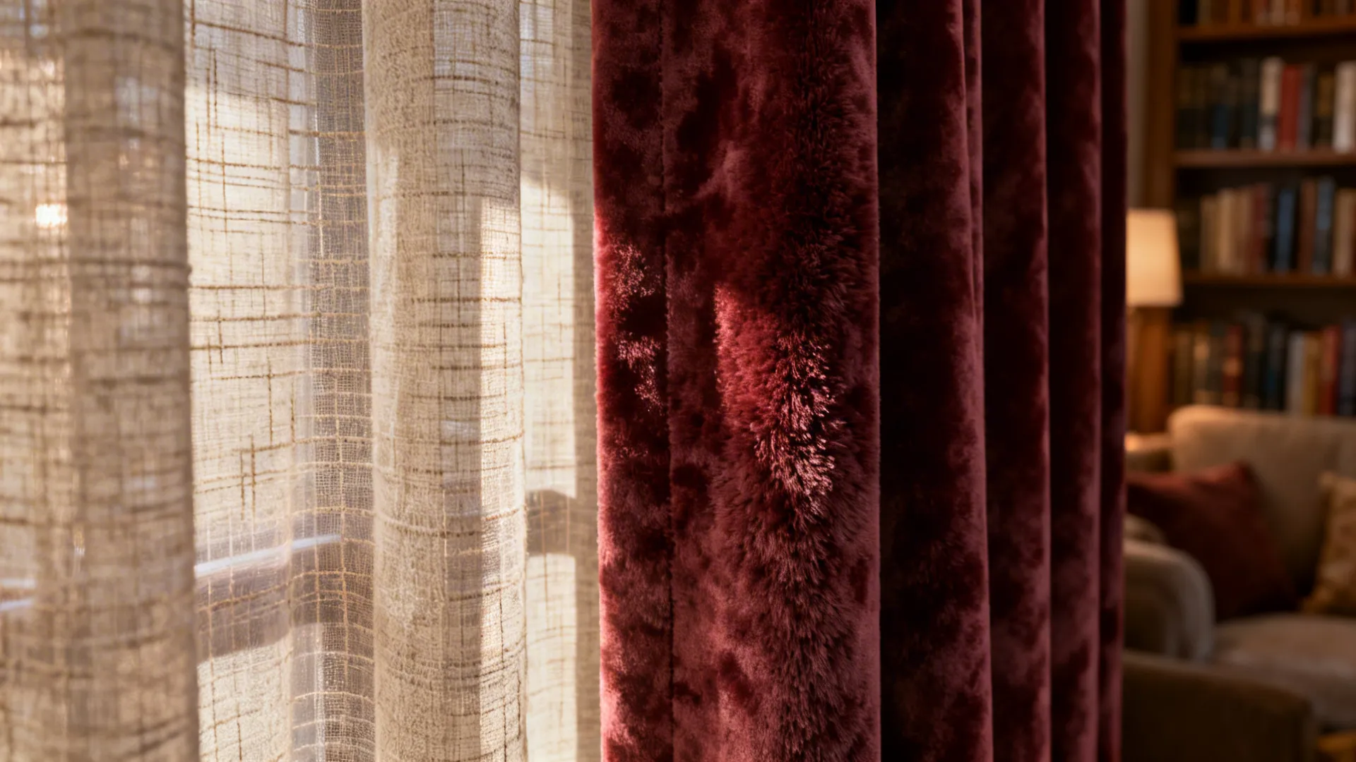 Close-up of linen sheers paired with velvet outer panels showing rich texture contrast.