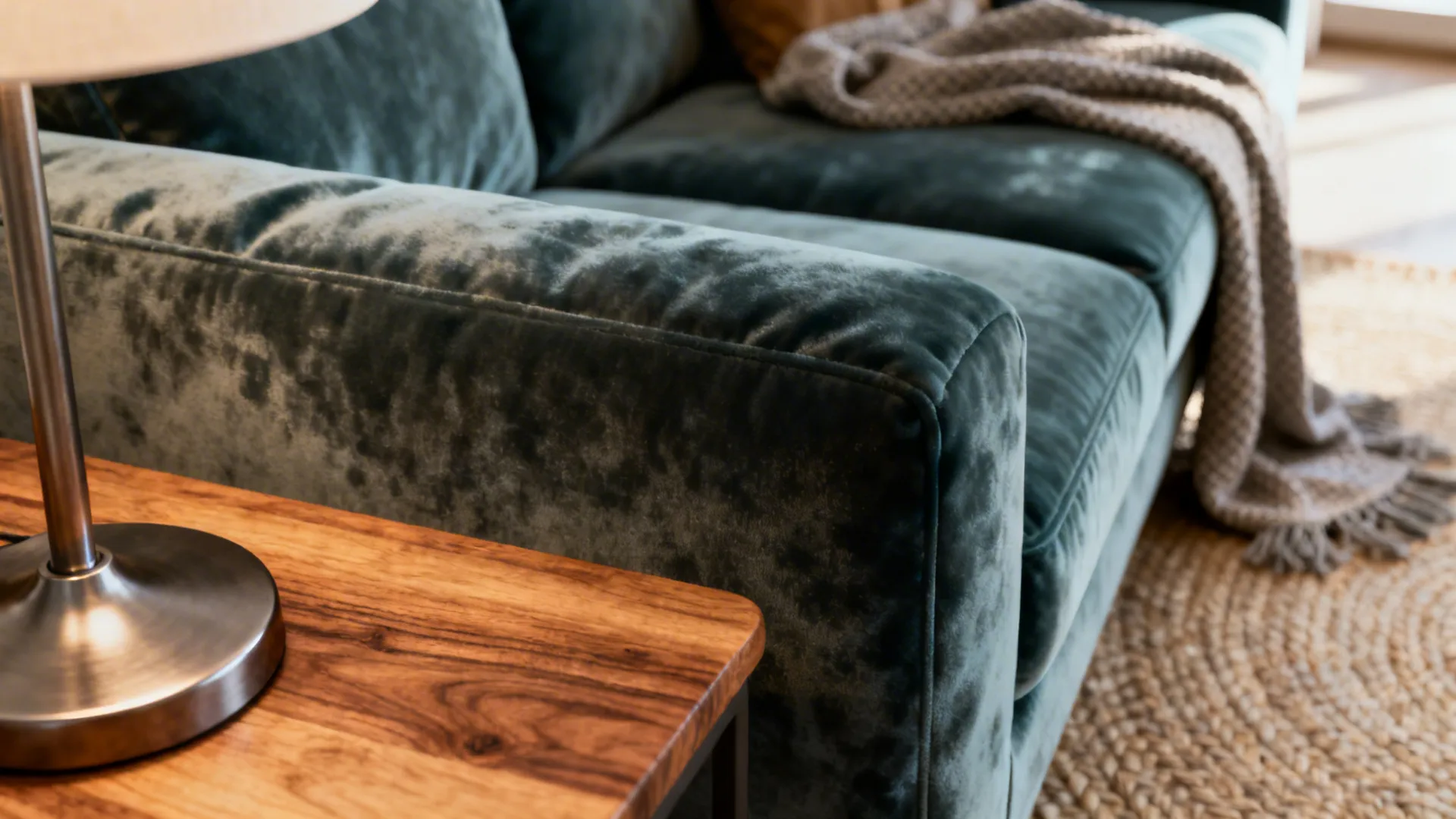 Close-up of velvet sofa, wooden table edge, metal lamp and woven rug showing mixed materials and textures.