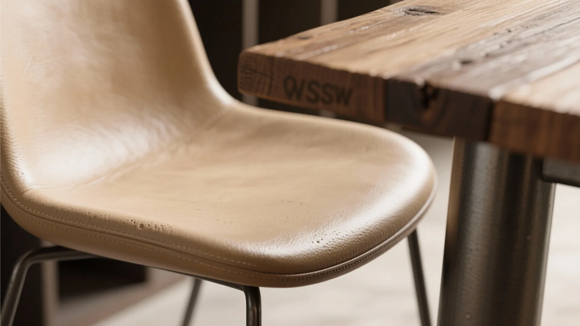 Close up of a beige leather chair next to a rustic wooden table in a room