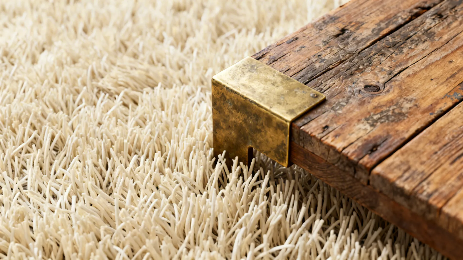 Cream shaggy rug texture next to a rustic wooden table featuring a gold metal corner