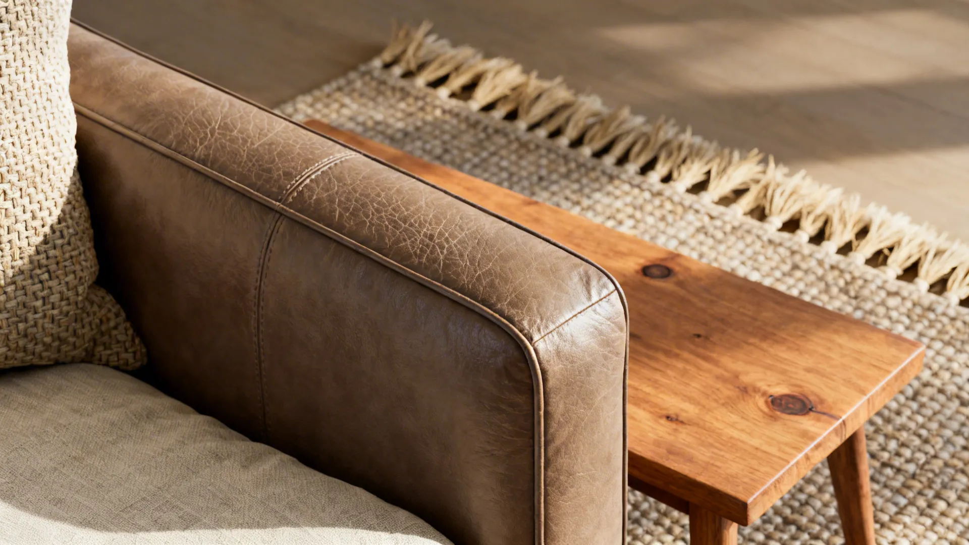 Close-up of leather, wood and handwoven rug textures layered together in a living room.