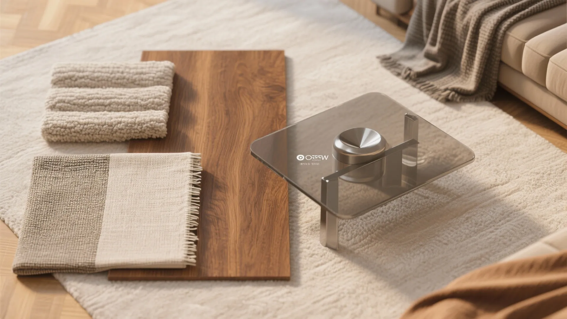 Top view of interior design materials with wood panel glass table and fabric samples on rug