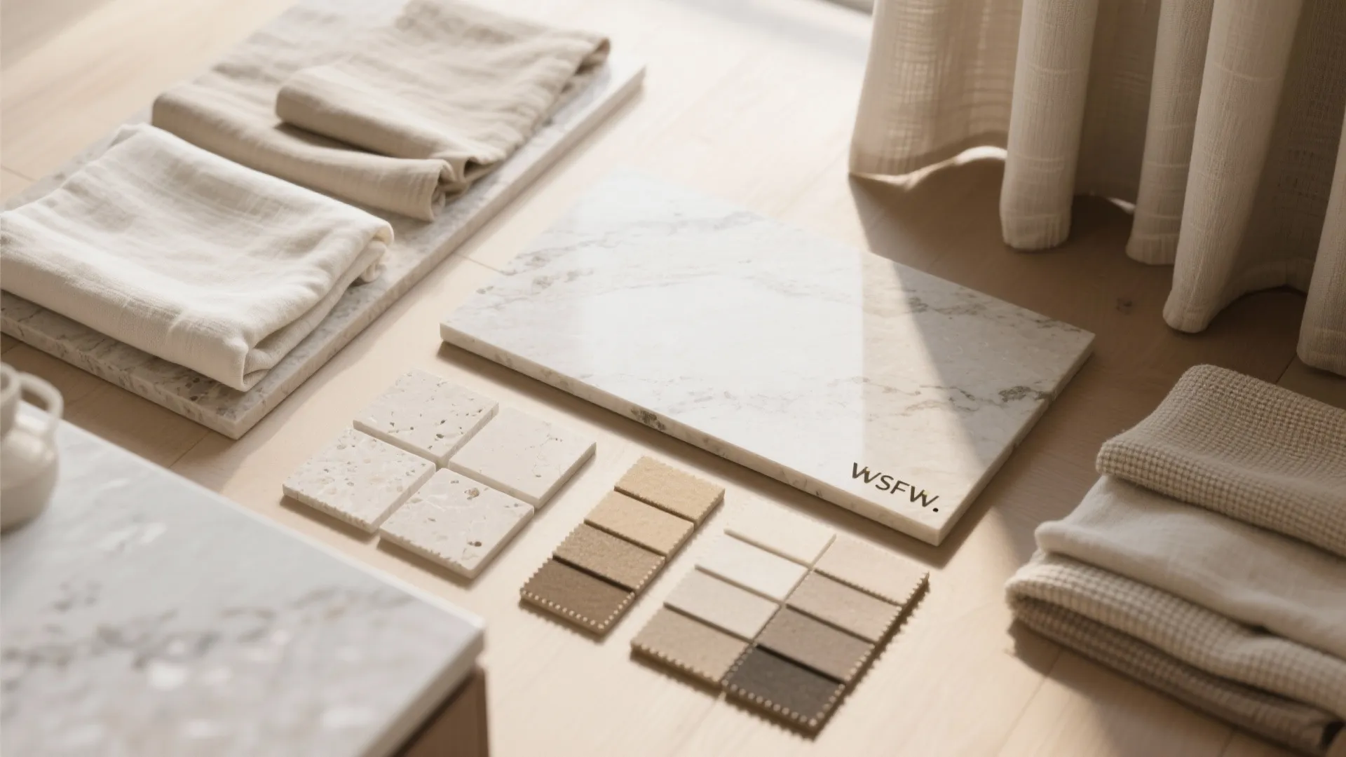 Interior design material board with marble slab fabric samples small tiles and neutral wood flooring