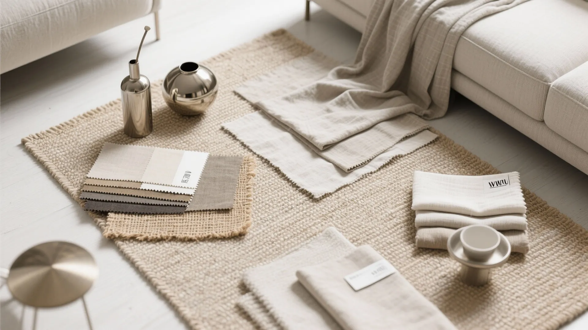 Interior design mood board with fabric samples neutral color swatches and textured rug on white floor