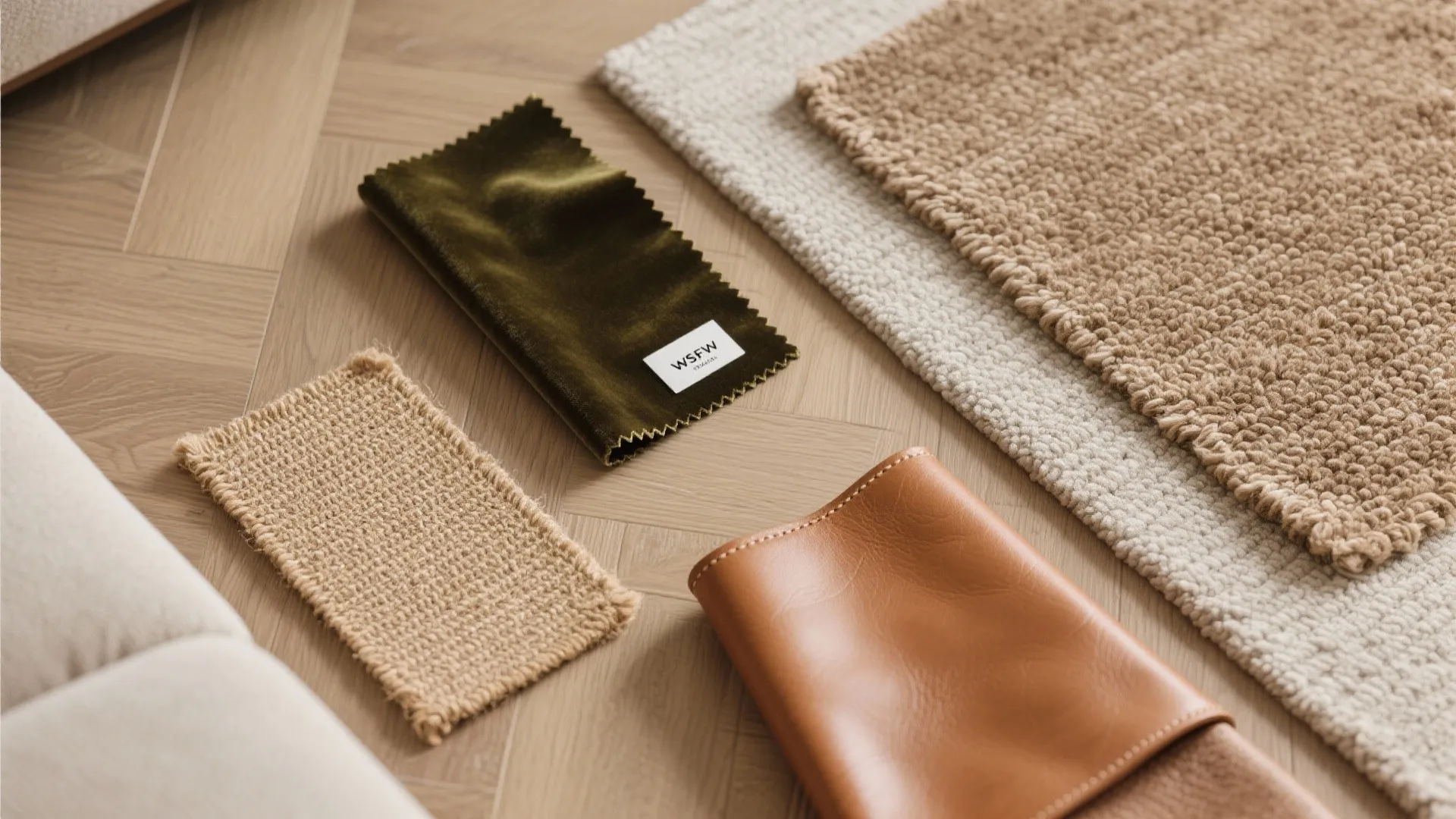 Interior design material samples including green velvet fabric, brown leather, and various textured carpet swatches
