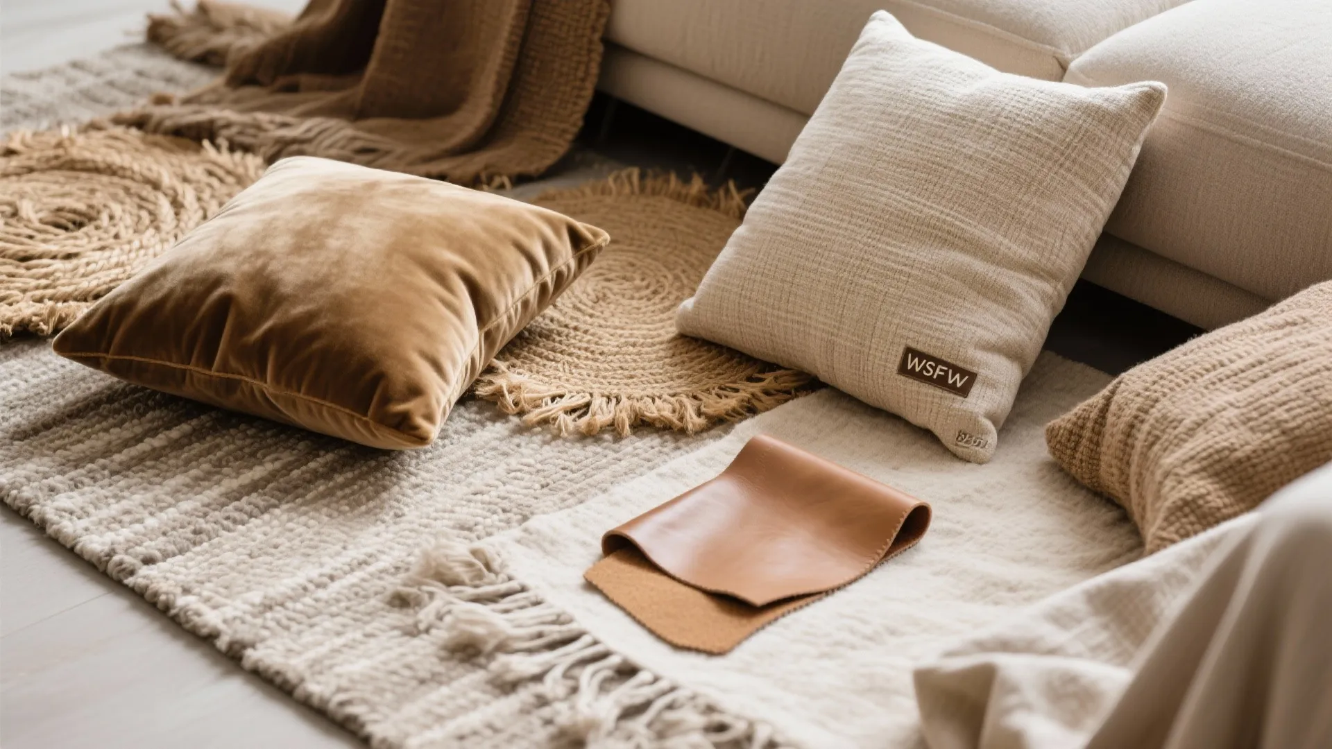 Soft pillows on textured rug with brown leather samples and round natural woven floor mats
