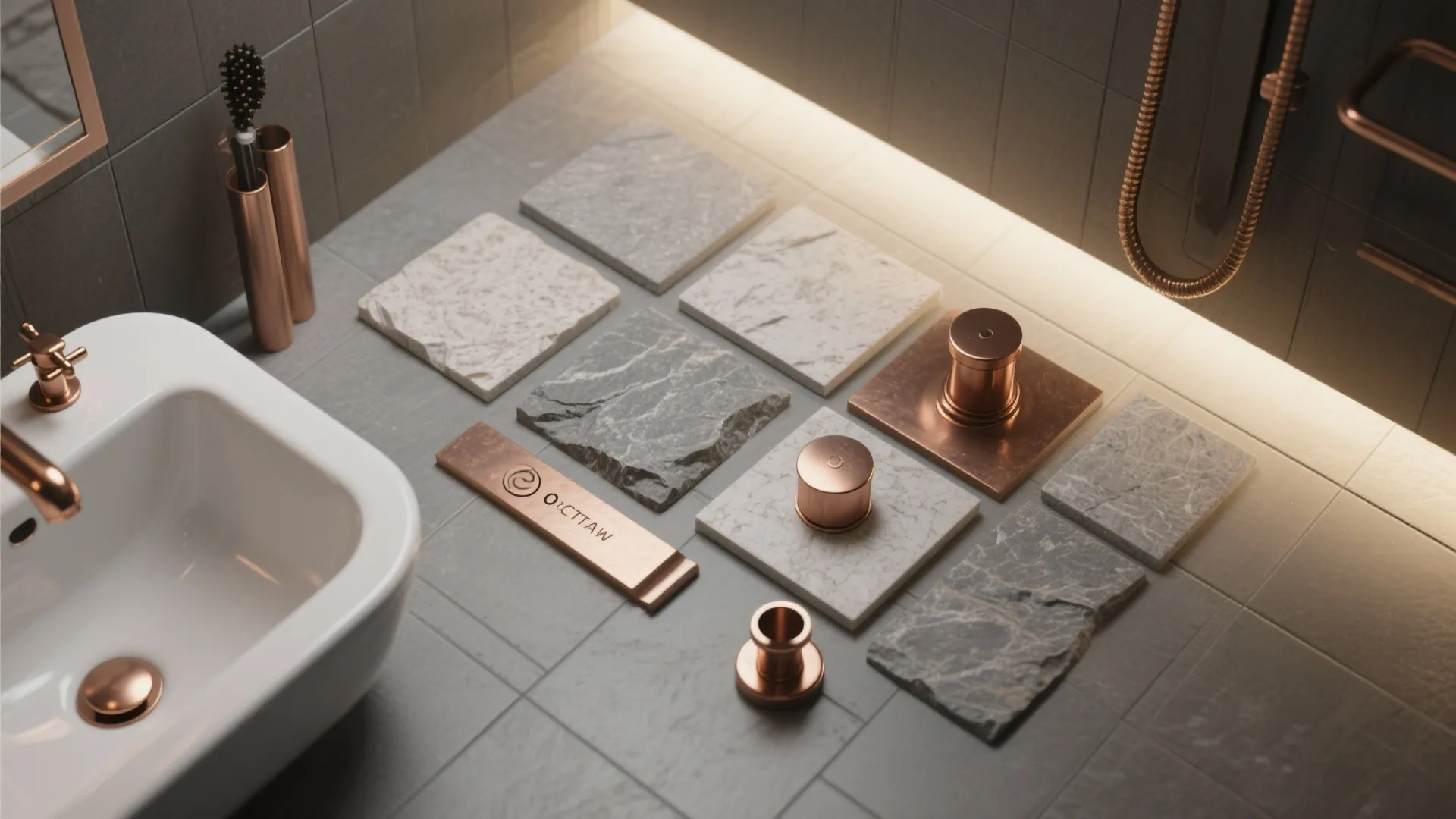 Bathroom design materials showing stone tile samples copper metal hardware and white sink on grey floor