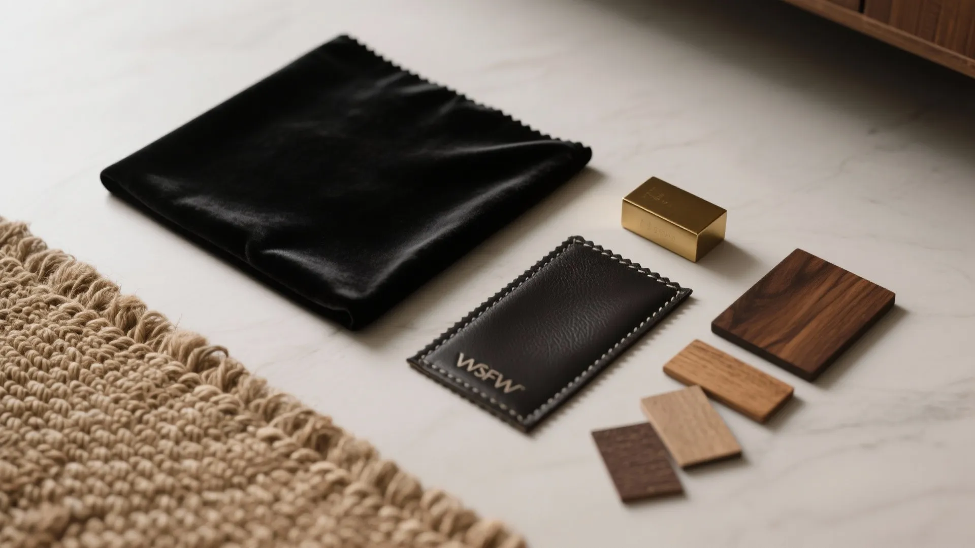 Interior design material samples including wood tiles gold block leather pouch and black velvet cloth