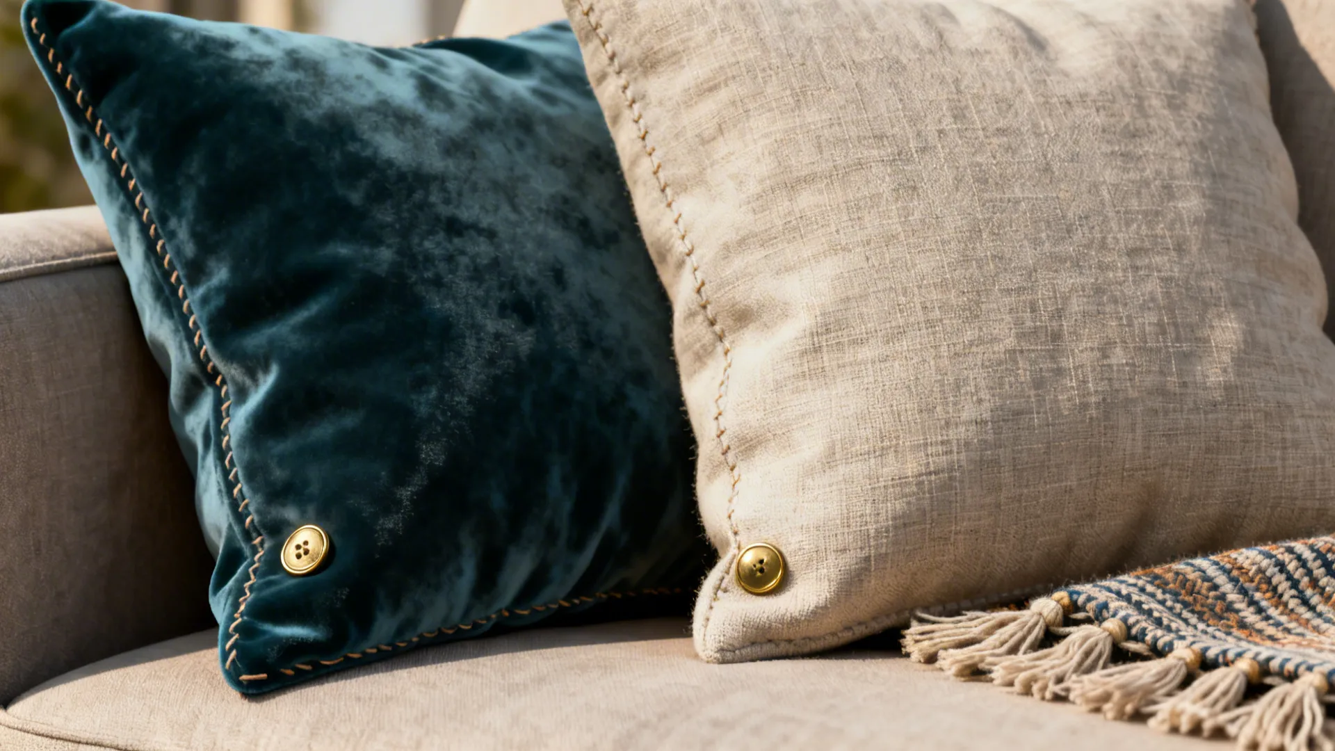 Macro close-up of mixed-texture cushions (velvet and linen) demonstrating coordinated textures.