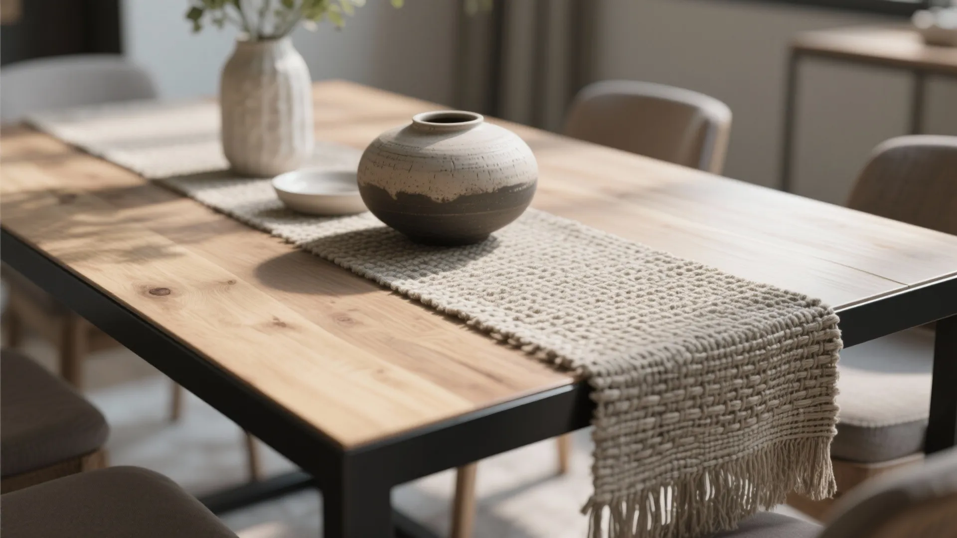 Tabletop vignette showing matte black metal edge, wood surface and woven runner for warm contrast.