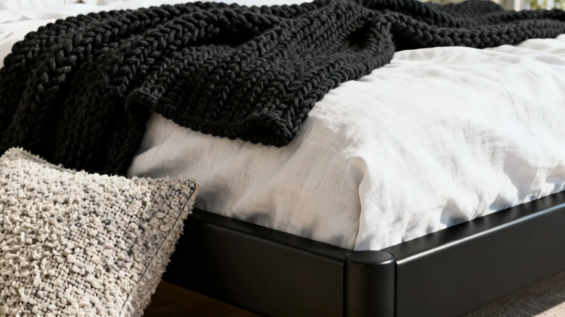Close-up of chunky black knit throw, boucle cushion and white linen bedding showing tactile contrast