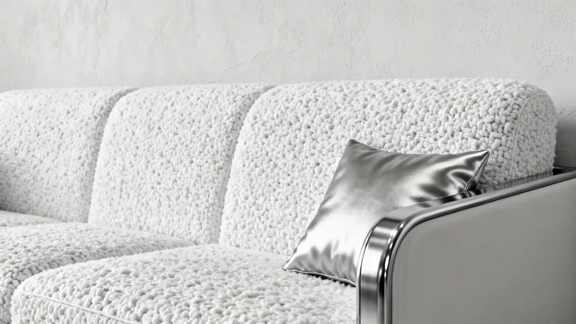 Close up of white textured fabric sofa with a shiny silver pillow against white wall