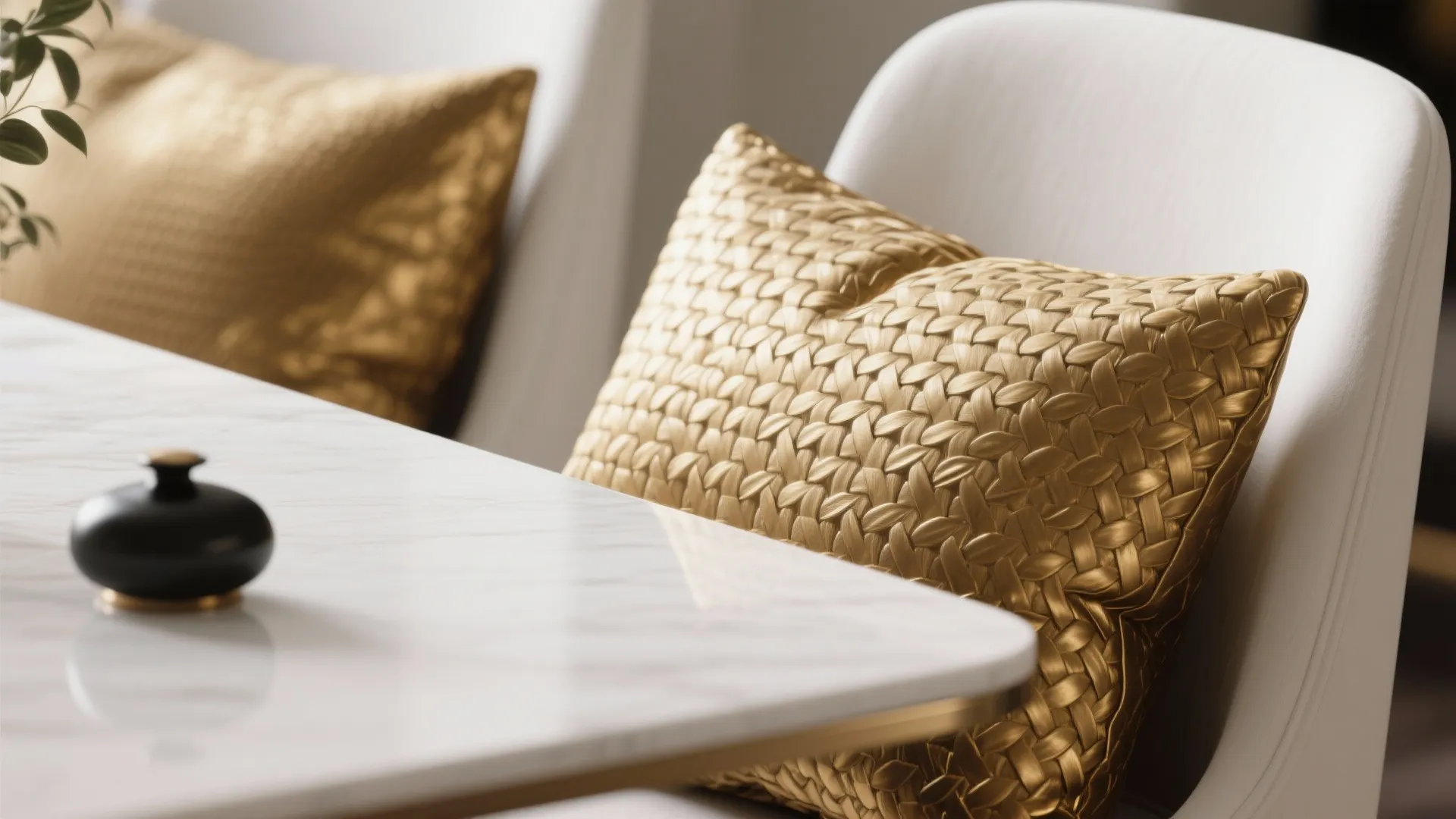 Close-up of woven cushion, matte white tabletop edge and a matte black accessory showing texture contrast