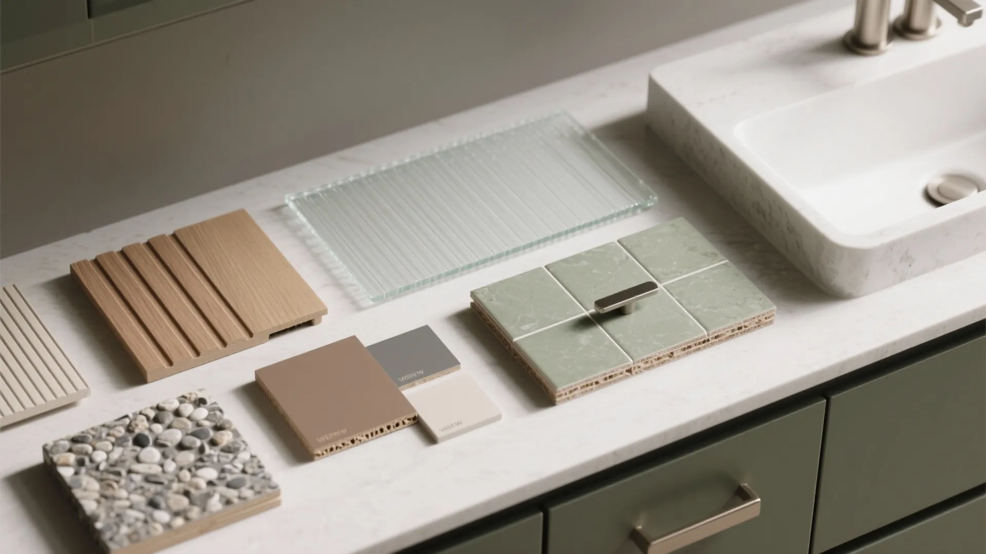 Interior design material palette with wood glass green tiles and stone samples on white bathroom counter