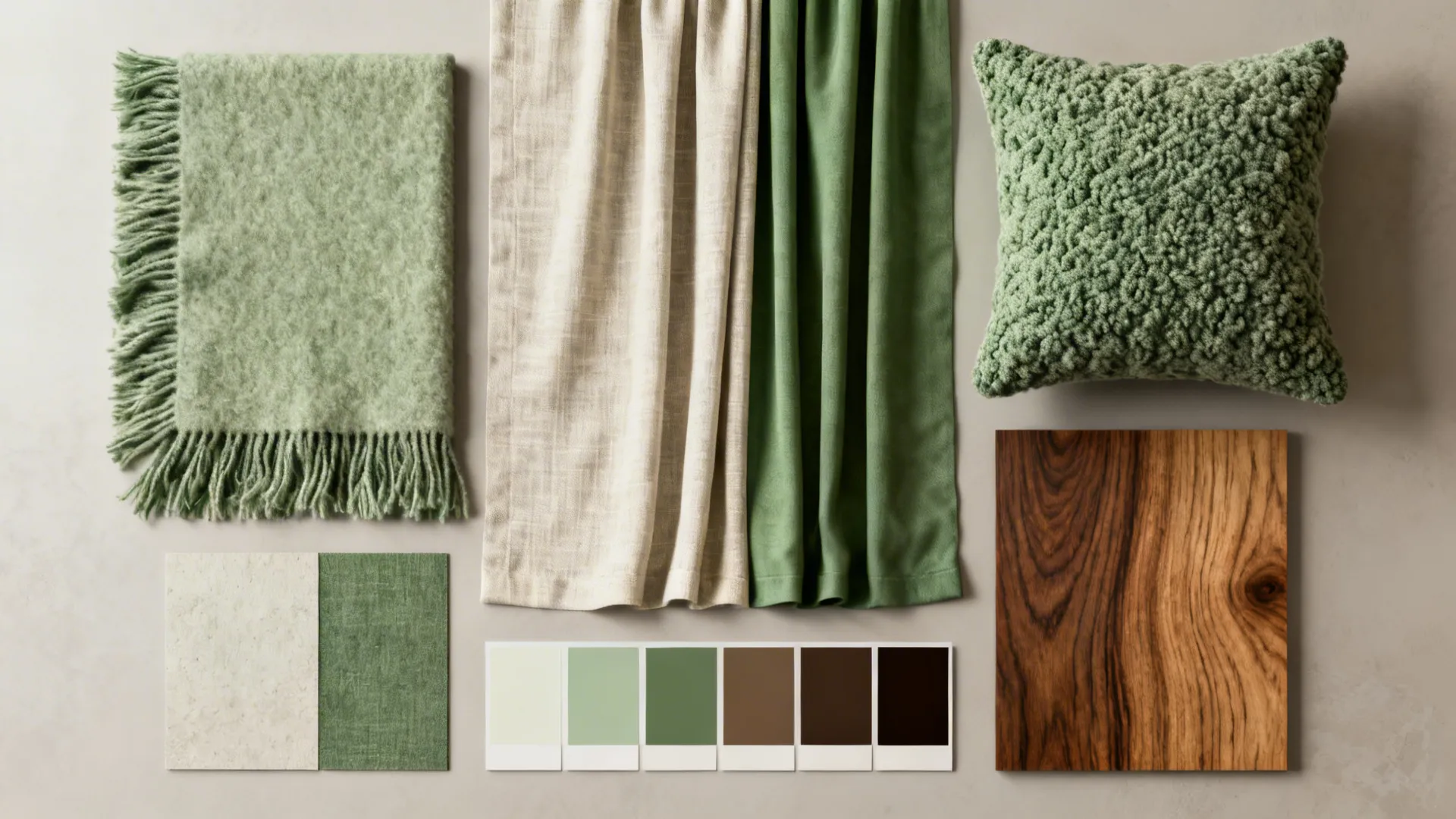 Interior design mood board with green fabric samples a textured pillow wood and color palette