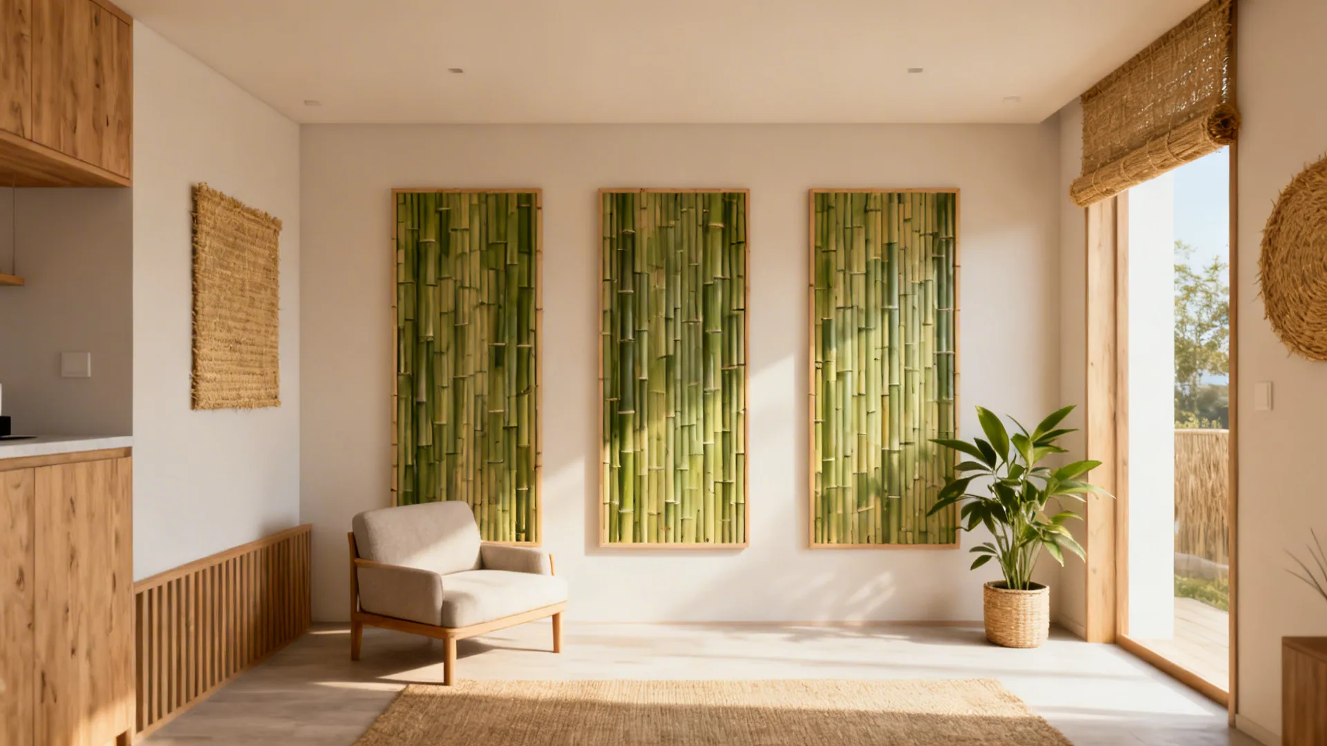 Three green bamboo wall panels behind a beige armchair in a bright modern living room