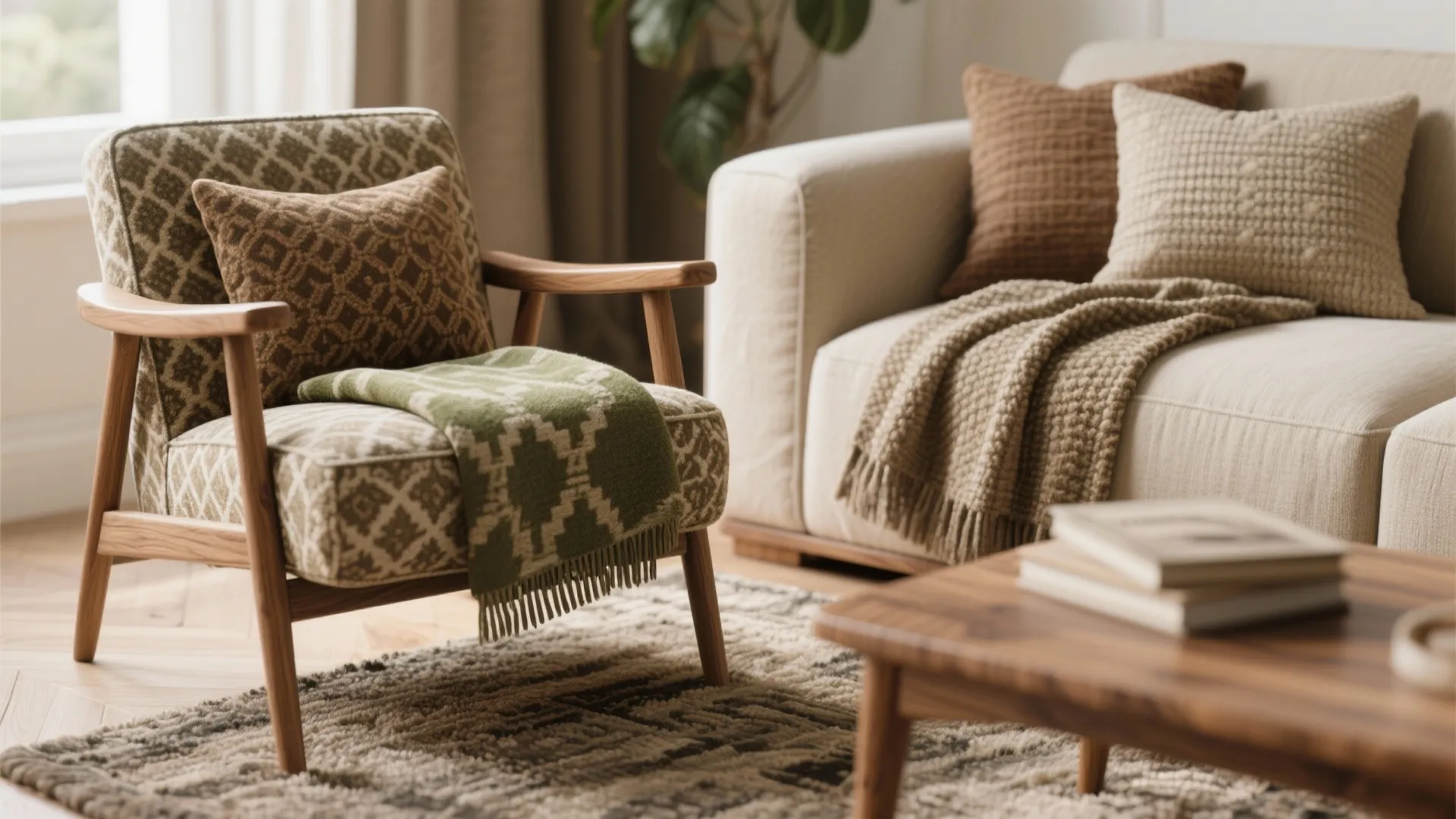 Close up of patterned armchair with green blanket beside sofa featuring textured pillows and throw