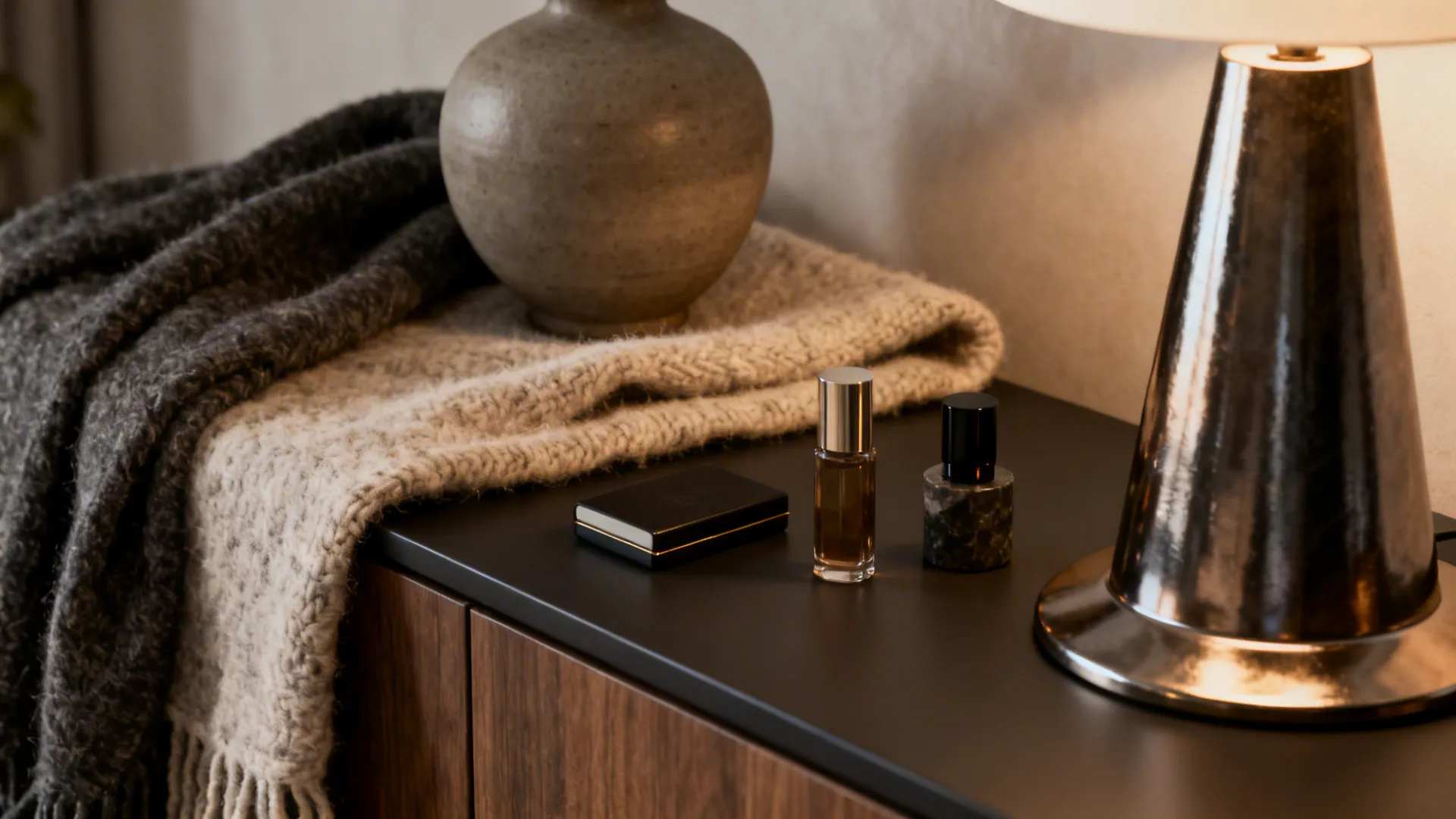Console vignette with layered textures and a curated group of personal objects in odd numbers.