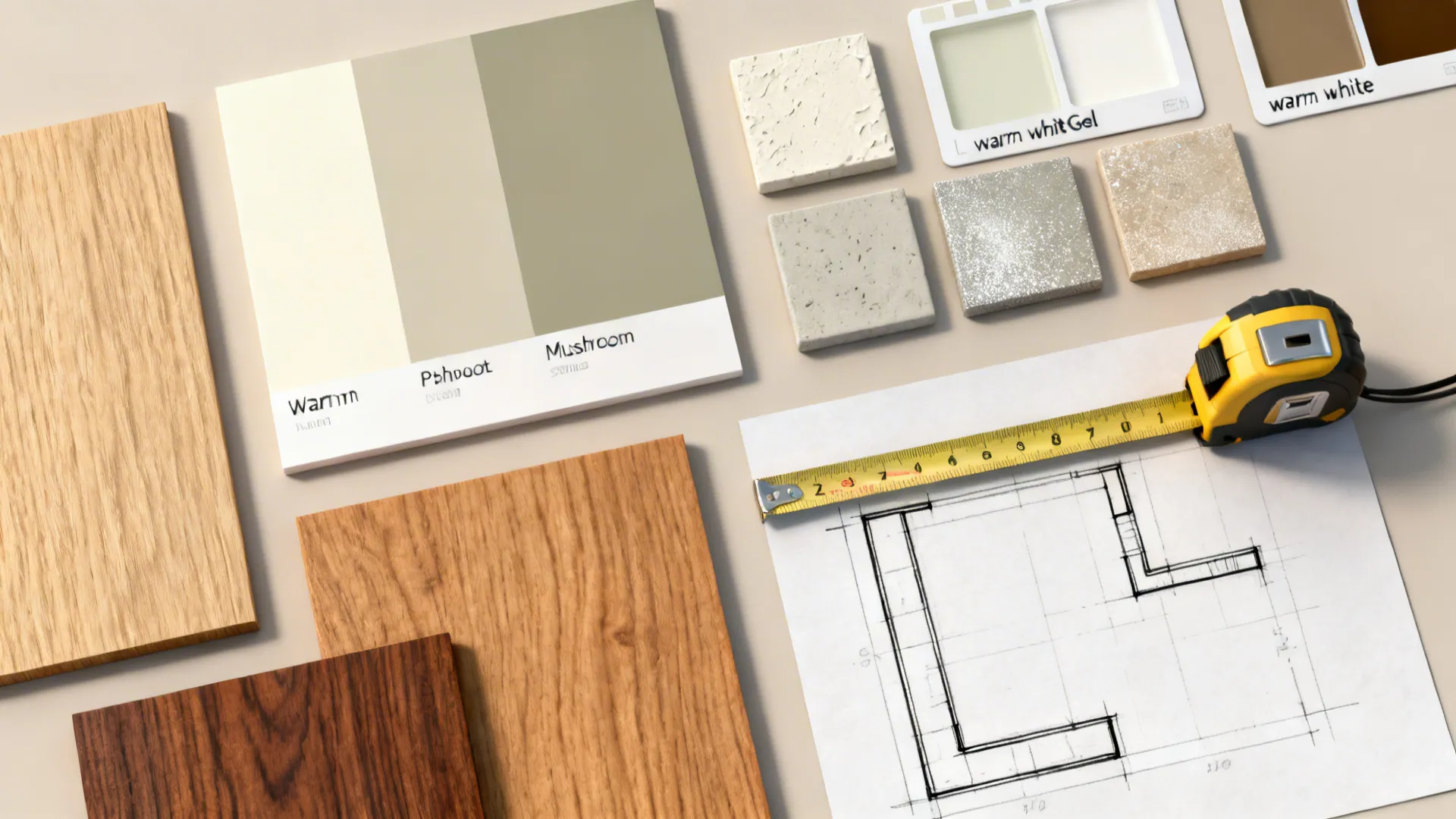 Top-down flat-lay of texture samples, warm neutral paint swatches, wood veneers, and layout sketch.