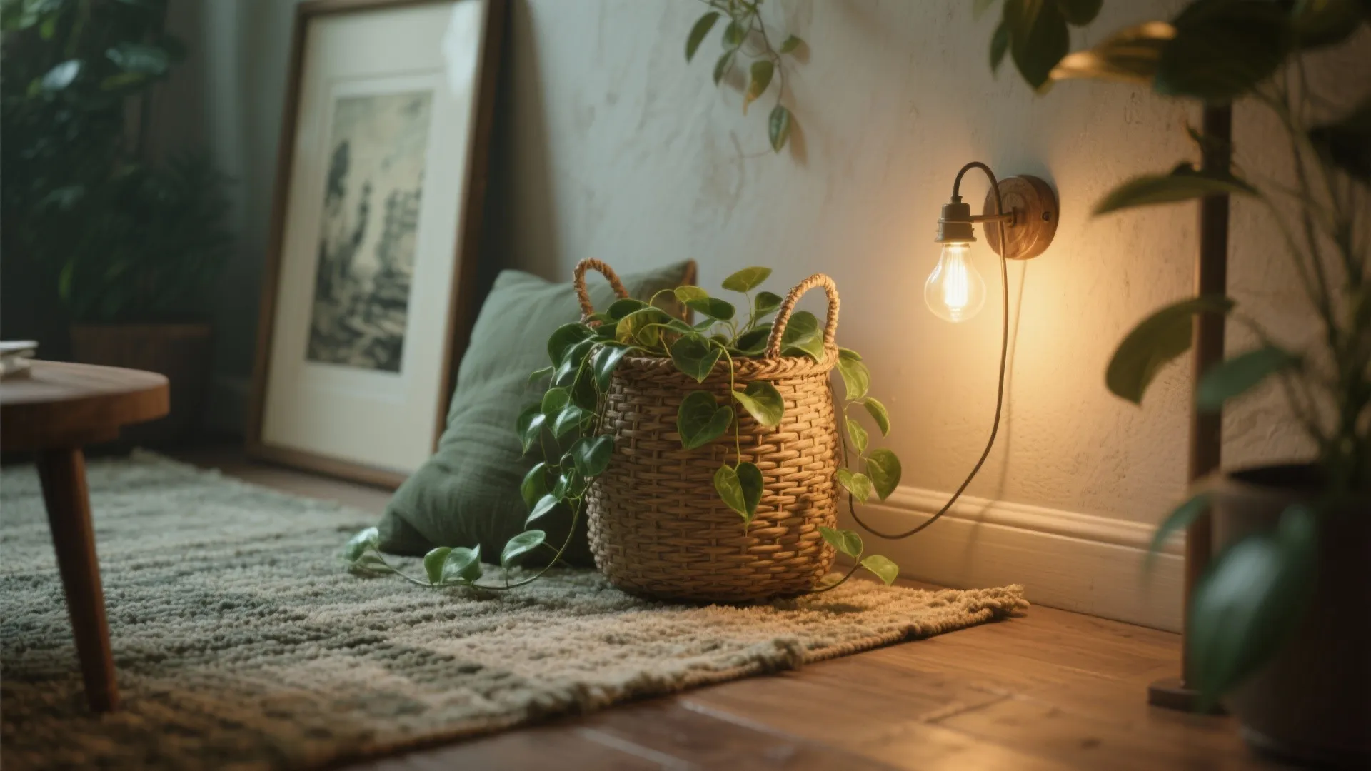 Green plant in woven basket on textured rug next to wall light and framed wall art