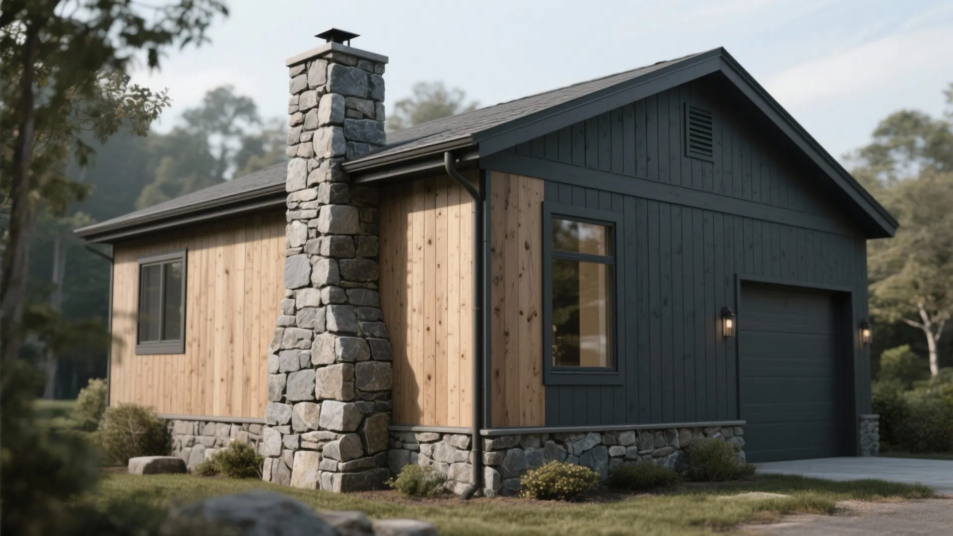 Modern house exterior with stone chimney light wood wall panel and dark grey garage door