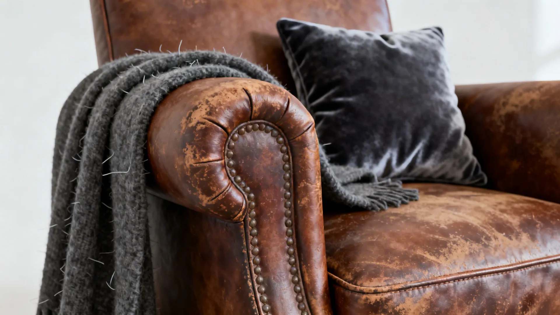 Close up of brown leather armchair with grey pillow and soft wool blanket in light