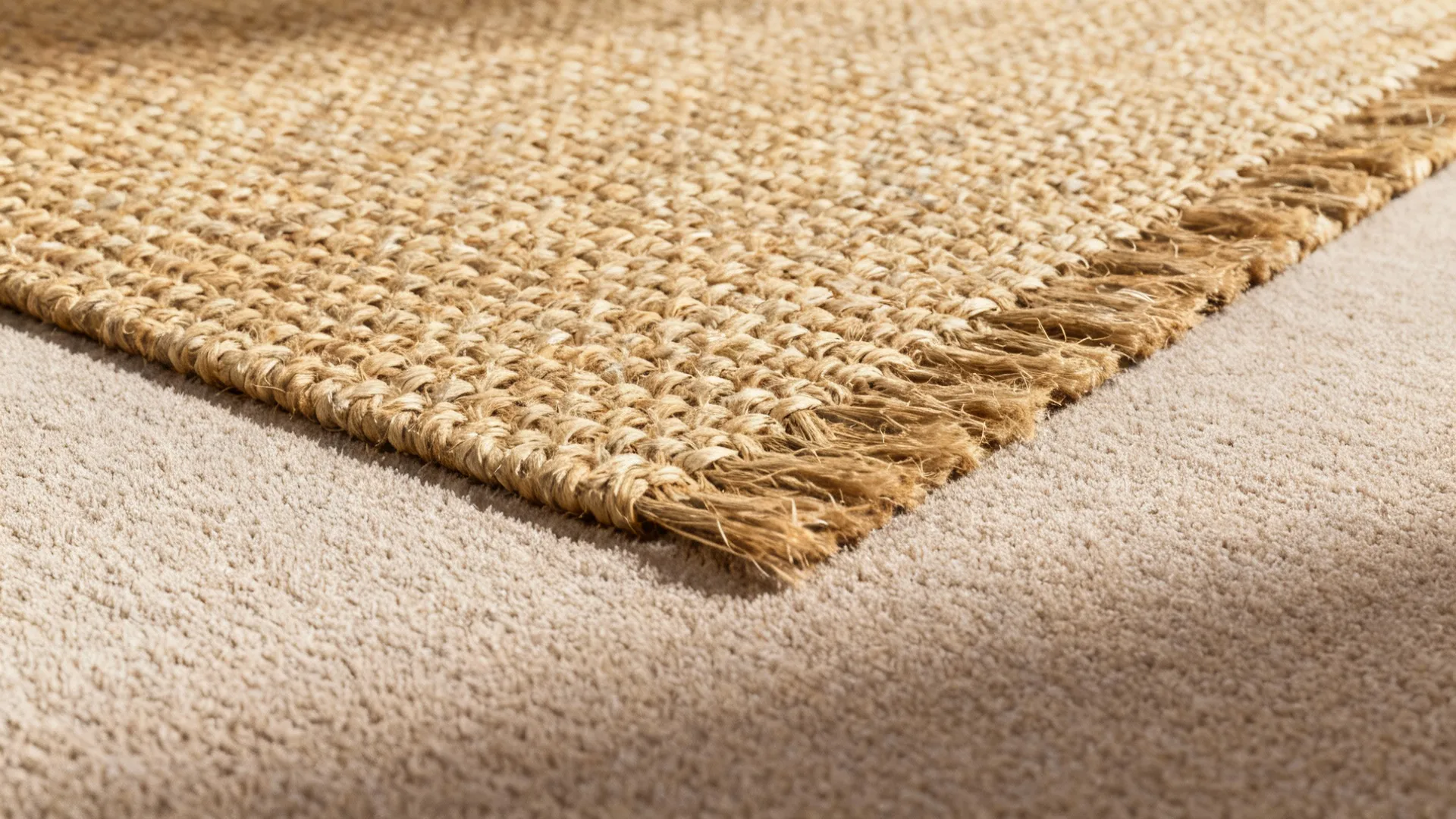 Close-up of a jute rug layered over synthetic carpet highlighting contrasting textures