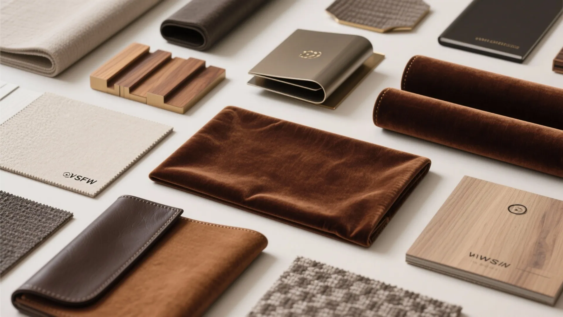 Flat lay of mixed textures like velvet, leather, and wood