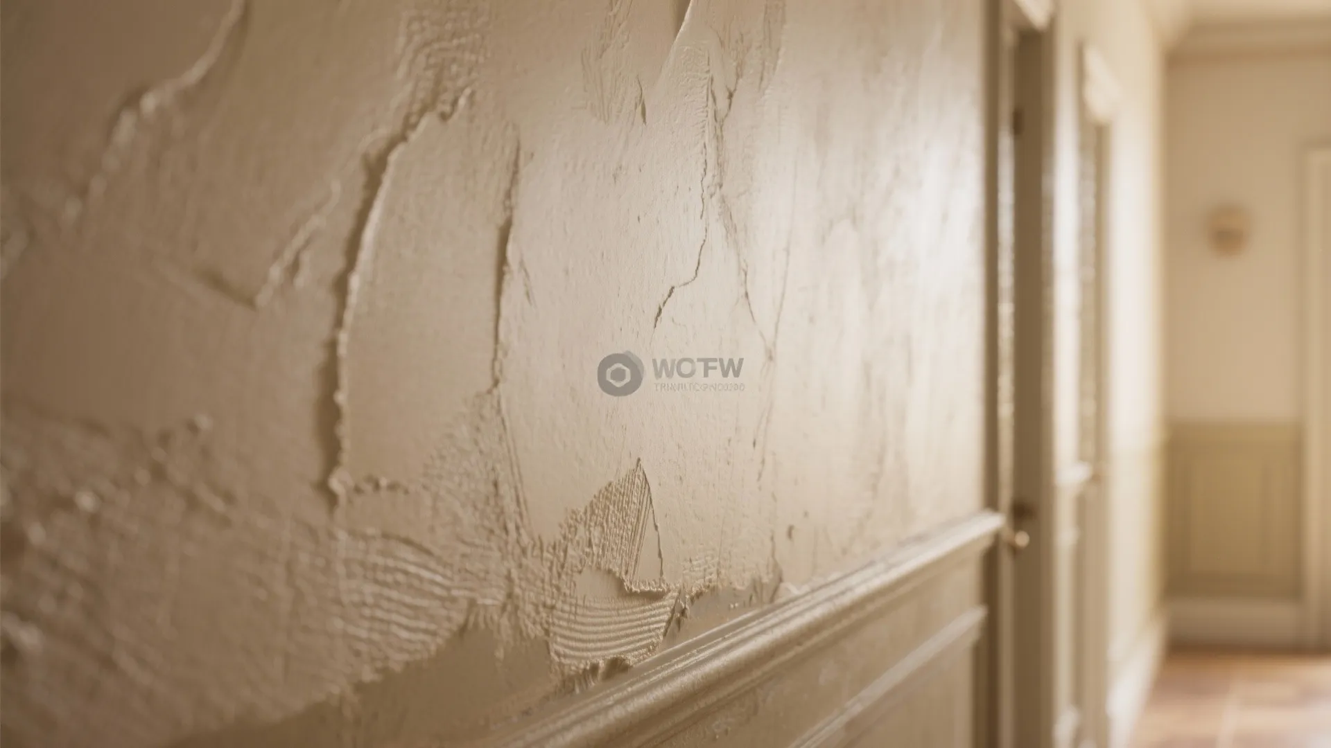 Close up of textured beige wall plaster finish above a white wall panel in a hallway