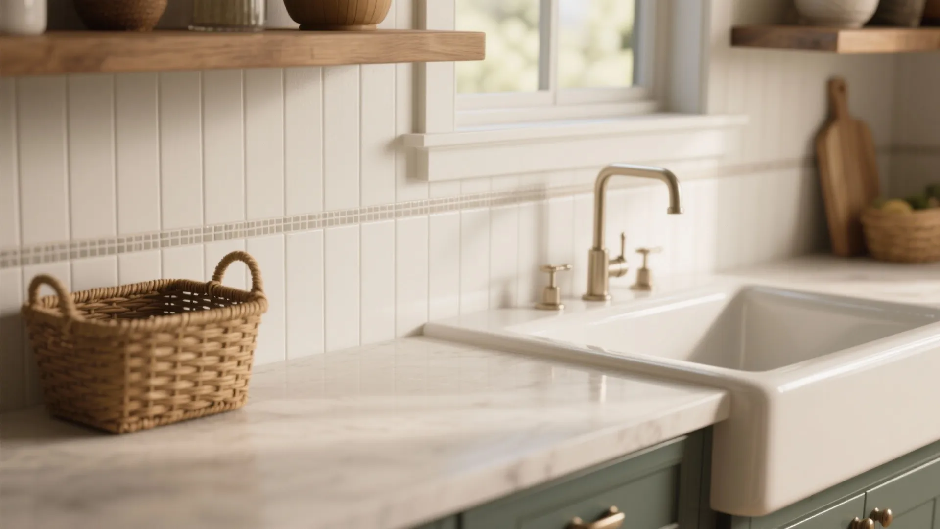Textured beadboard, matte tile and woven rattan accents in a white kitchen, with washable paint near backsplash.