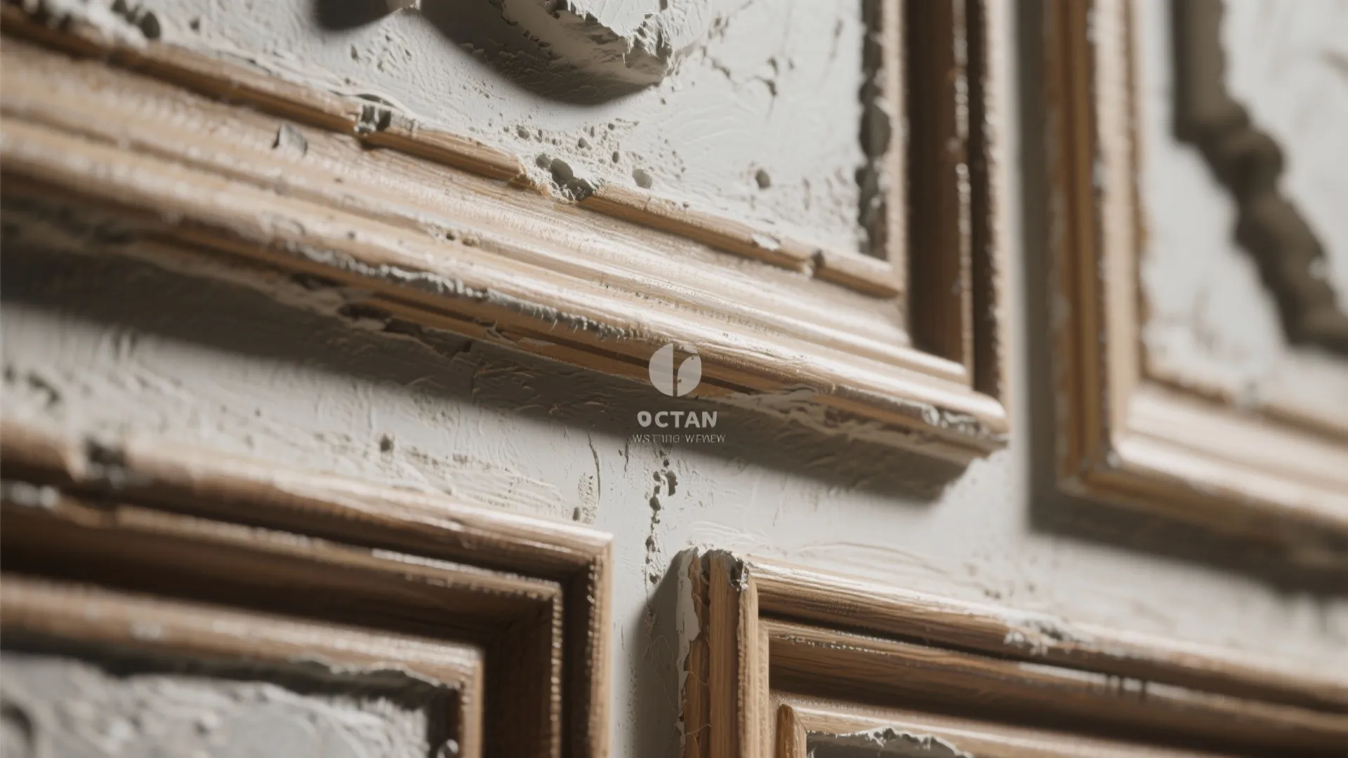 Close up view of white wall panel with decorative wooden frames and textured plaster details