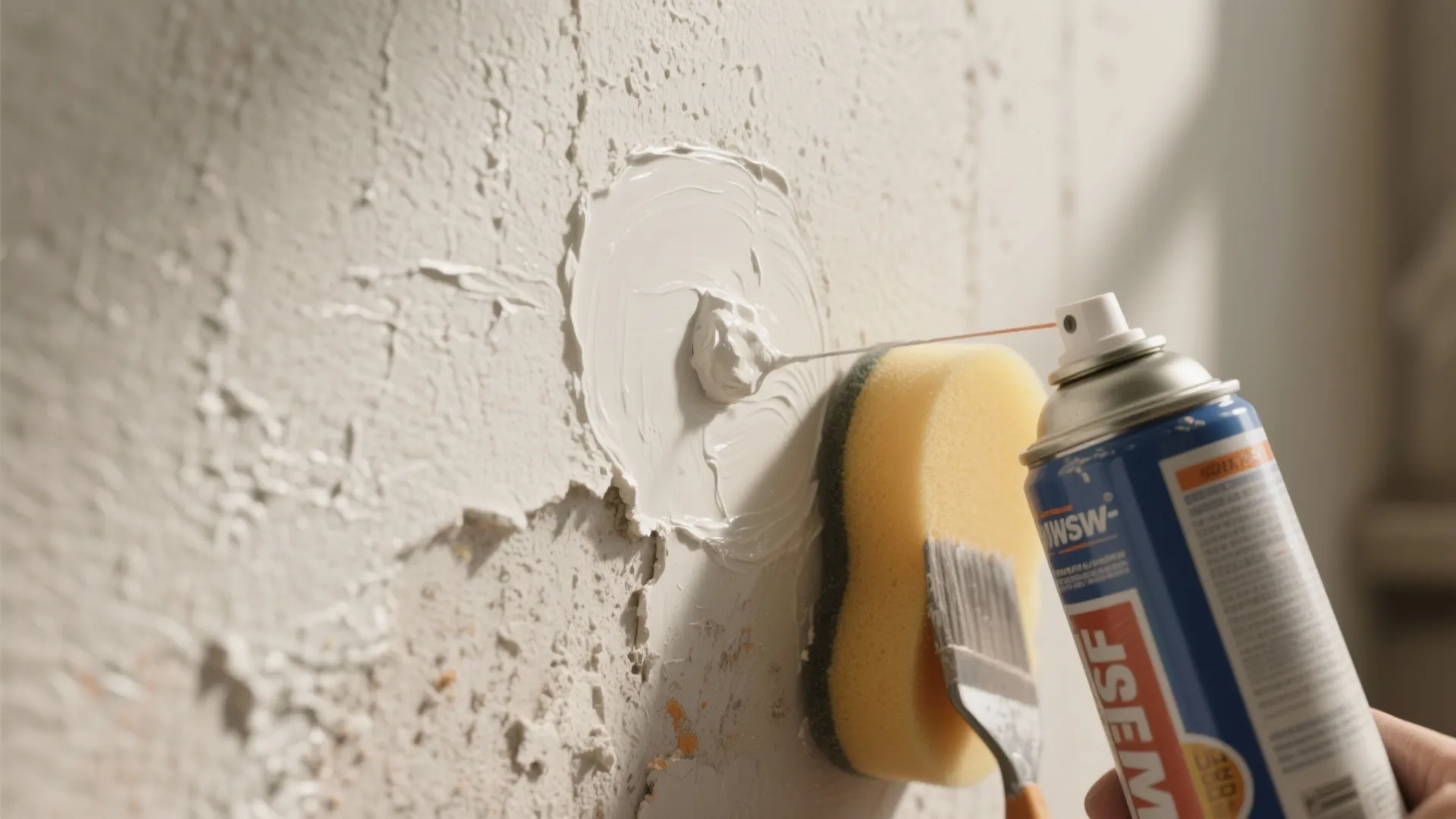 Close up of spray can and sponge being used to repair white wall texture surface