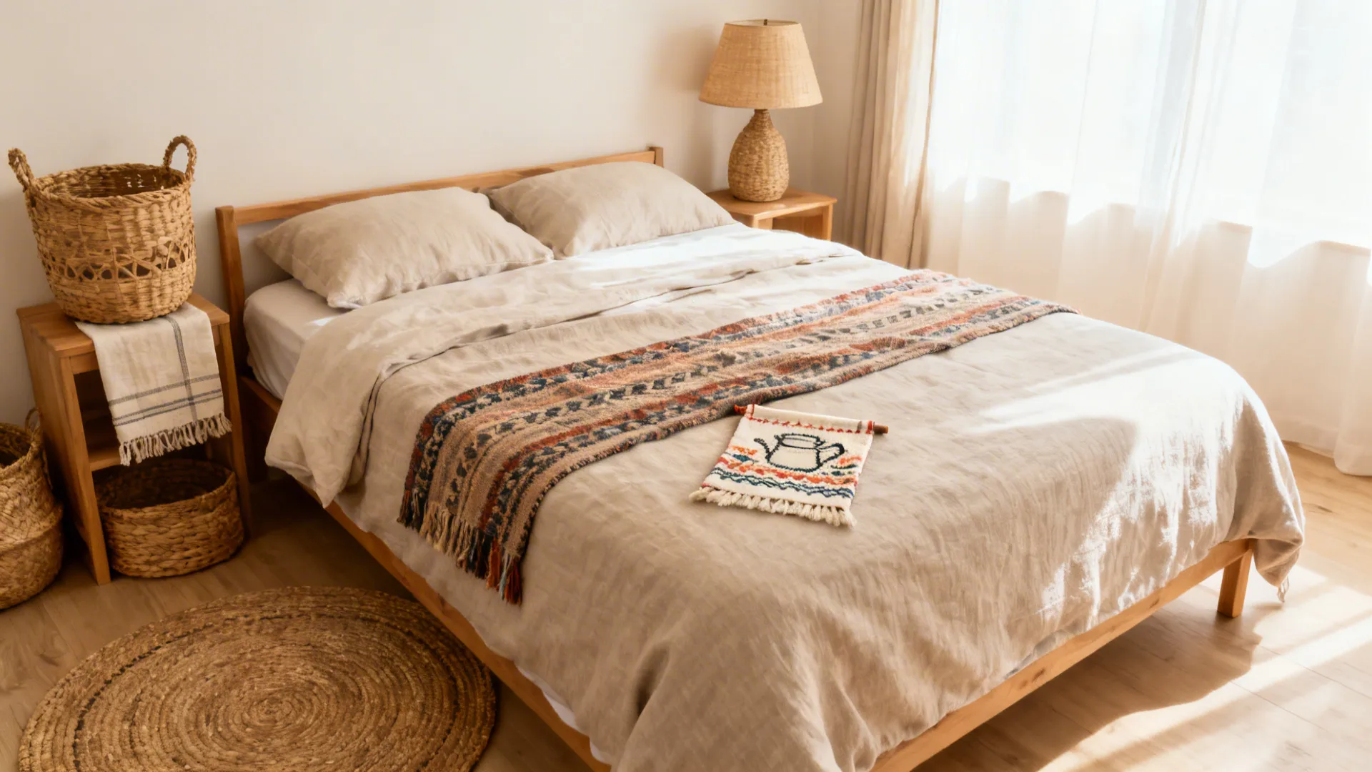 Cozy bedroom with wooden bed frame beige bedding patterned fabric runner woven baskets and lamp