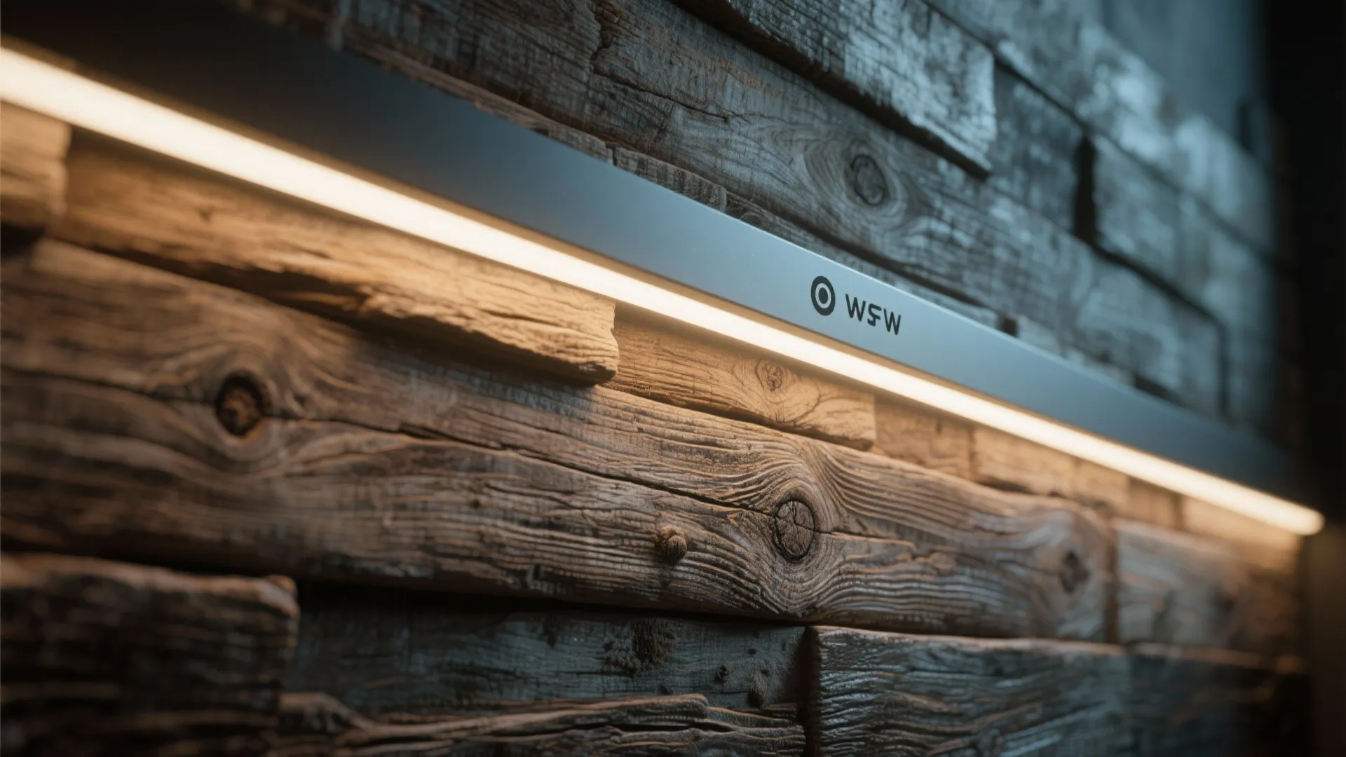 Close-up of reclaimed wood backsplash with knots and grooves highlighted by wall grazing