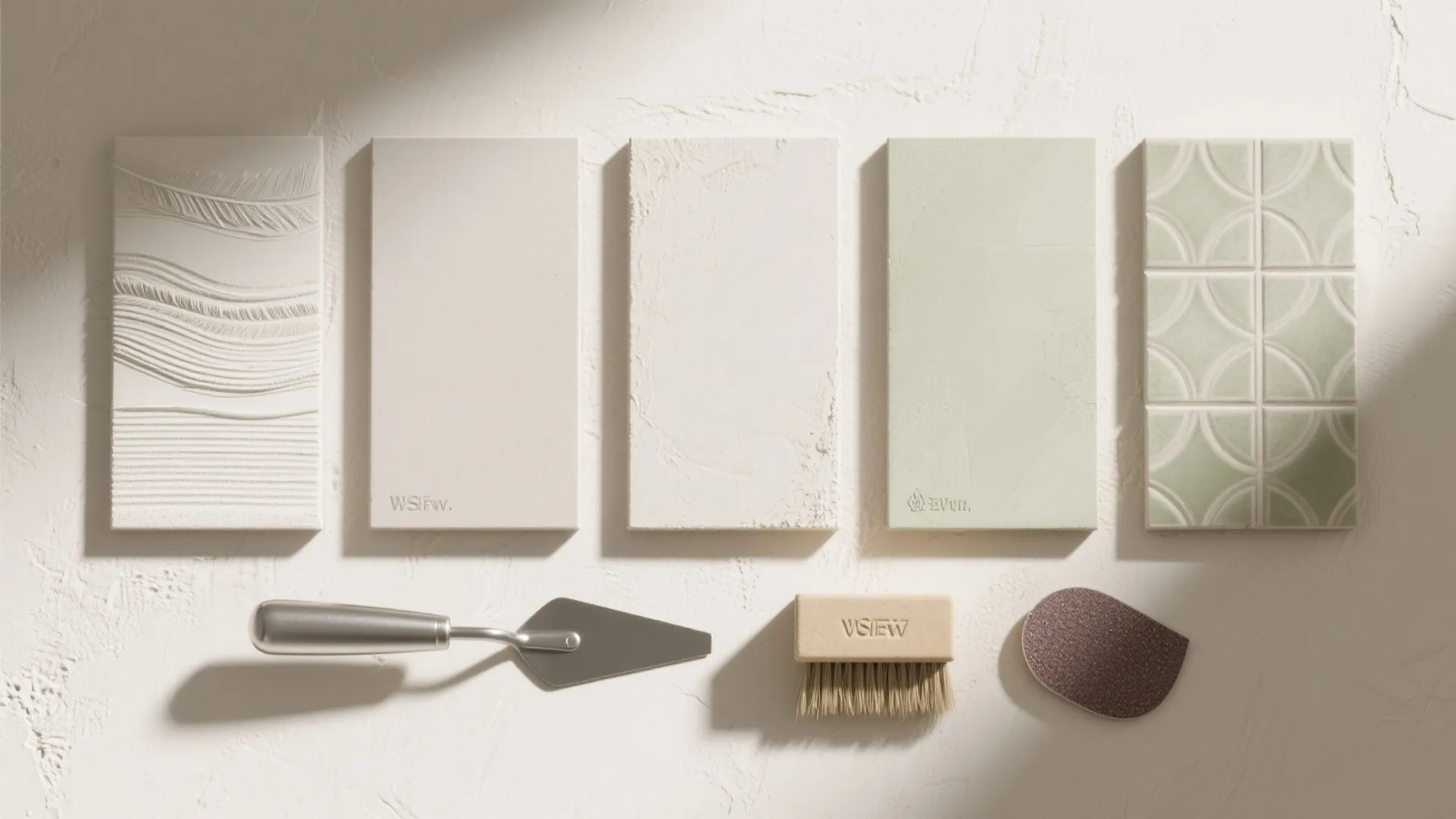 Five textured wall panel samples in white and green with a brush and metal tool