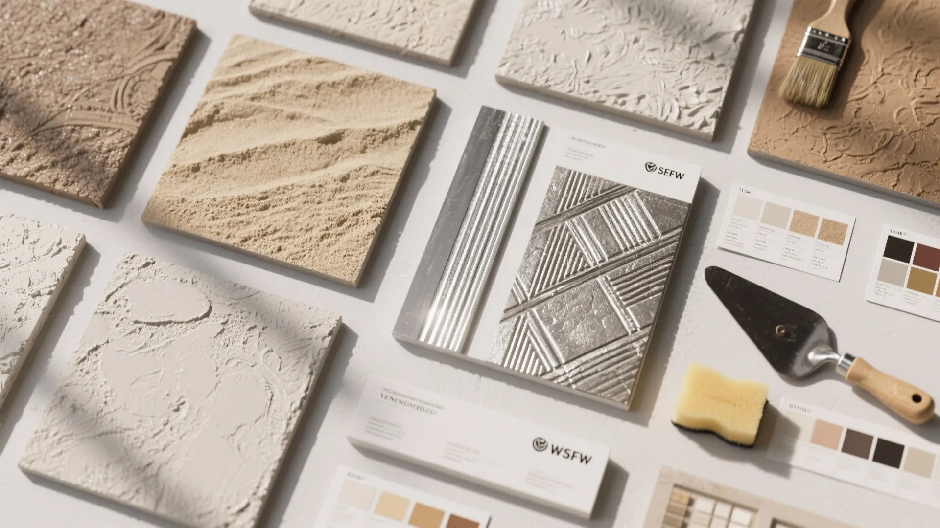 Various textured wall material samples with a paint brush, metal tool, sponge, and color cards