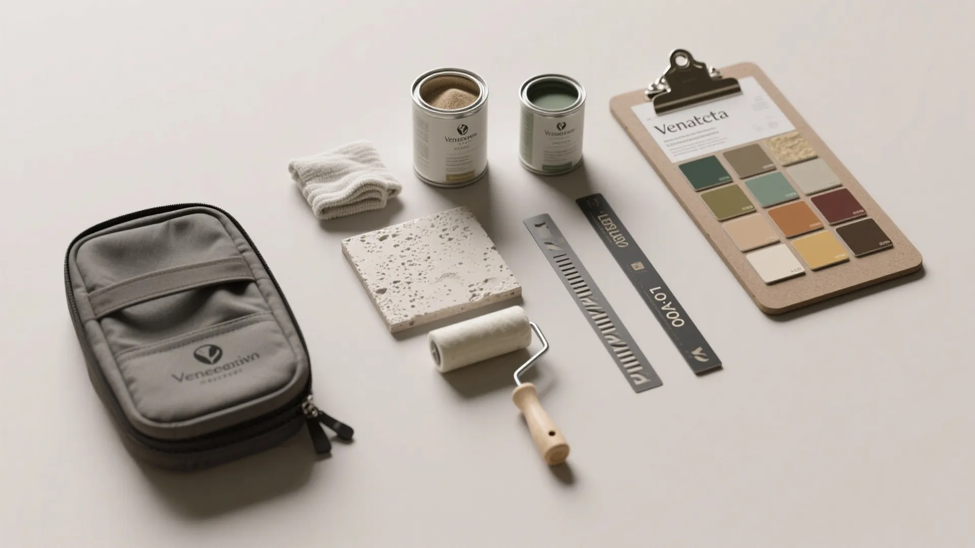 Interior design tools including paint cans, color palette board, roller brush, and stone texture samples