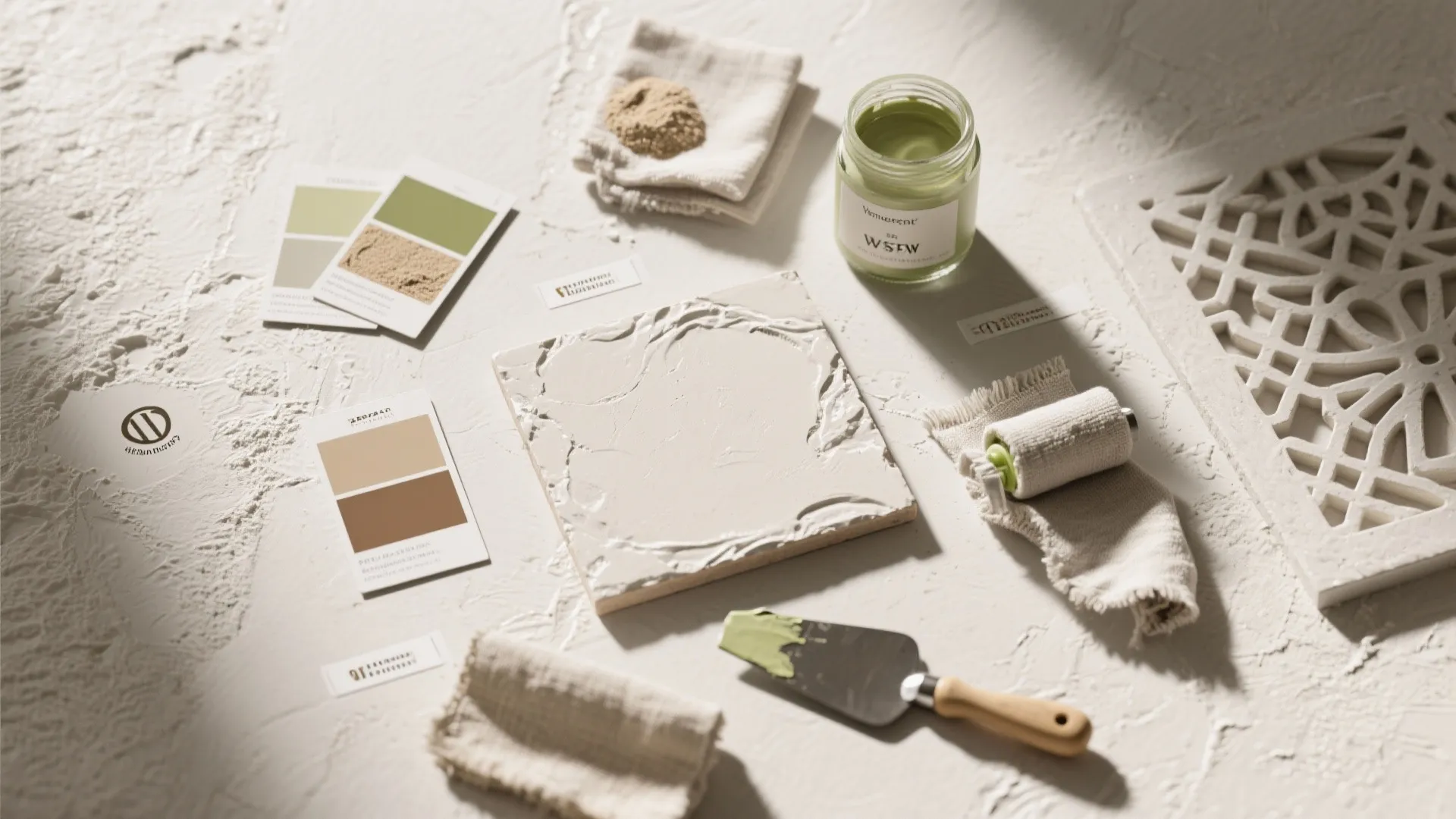 Interior design materials including green paint jar, textured tile, color swatches, and small hand tools