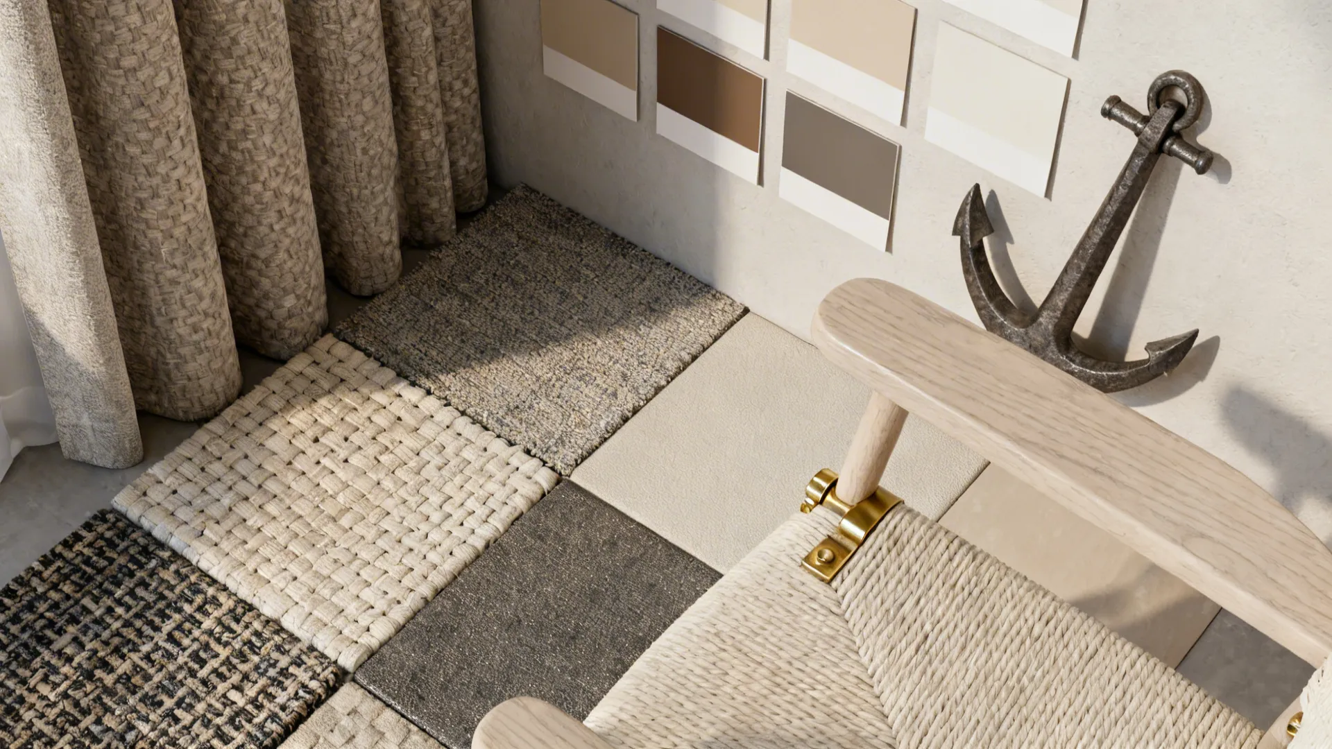 Close-up of paint swatches, textile samples, brass and wood textures for layering tips